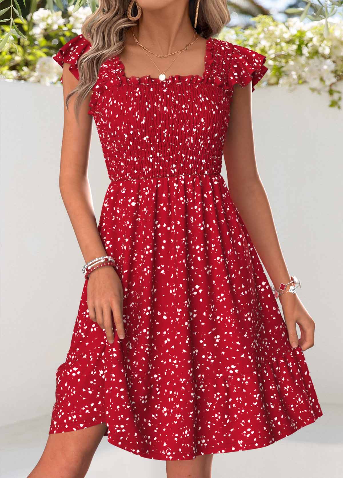 Red Ditsy Floral Print Short Corset Square Neck Dress | picture 