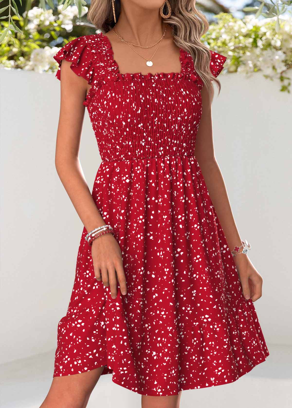 Red Ditsy Floral Print Short Corset Square Neck Dress | picture 
