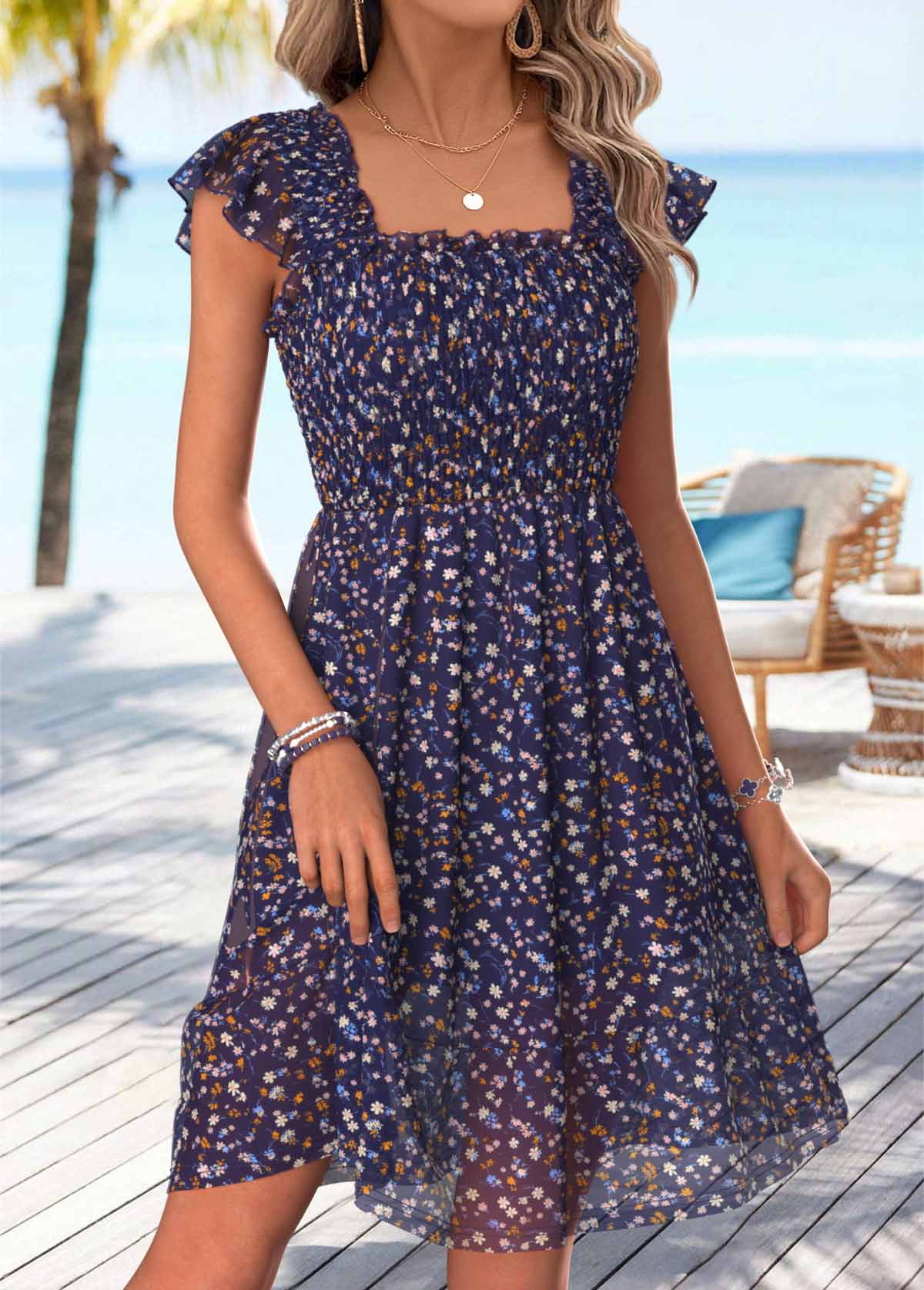 Purple Ditsy Floral Print Short Corset Square Neck Dress | picture 