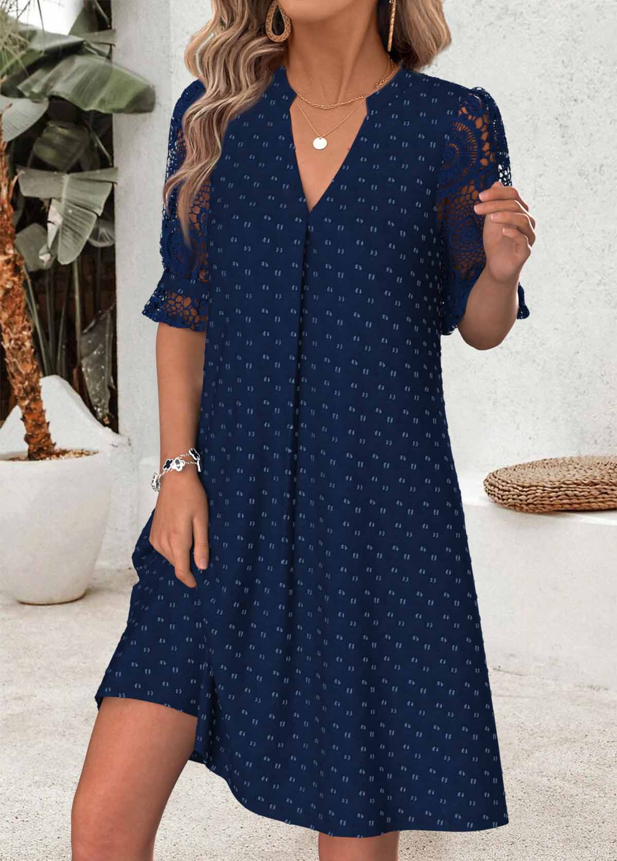 Navy Short Shirred Half Sleeve Split Neck Dress | picture 