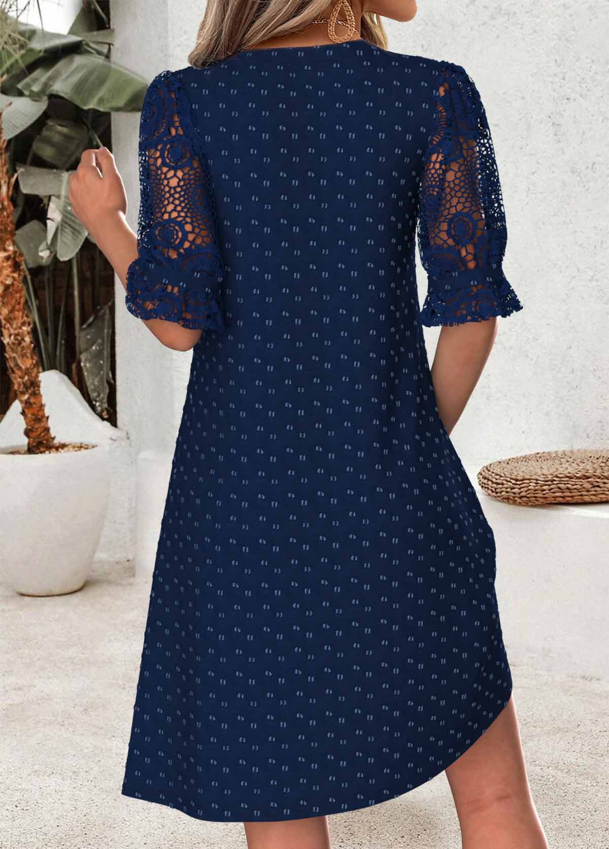Navy Short Shirred Half Sleeve Split Neck Dress | picture 