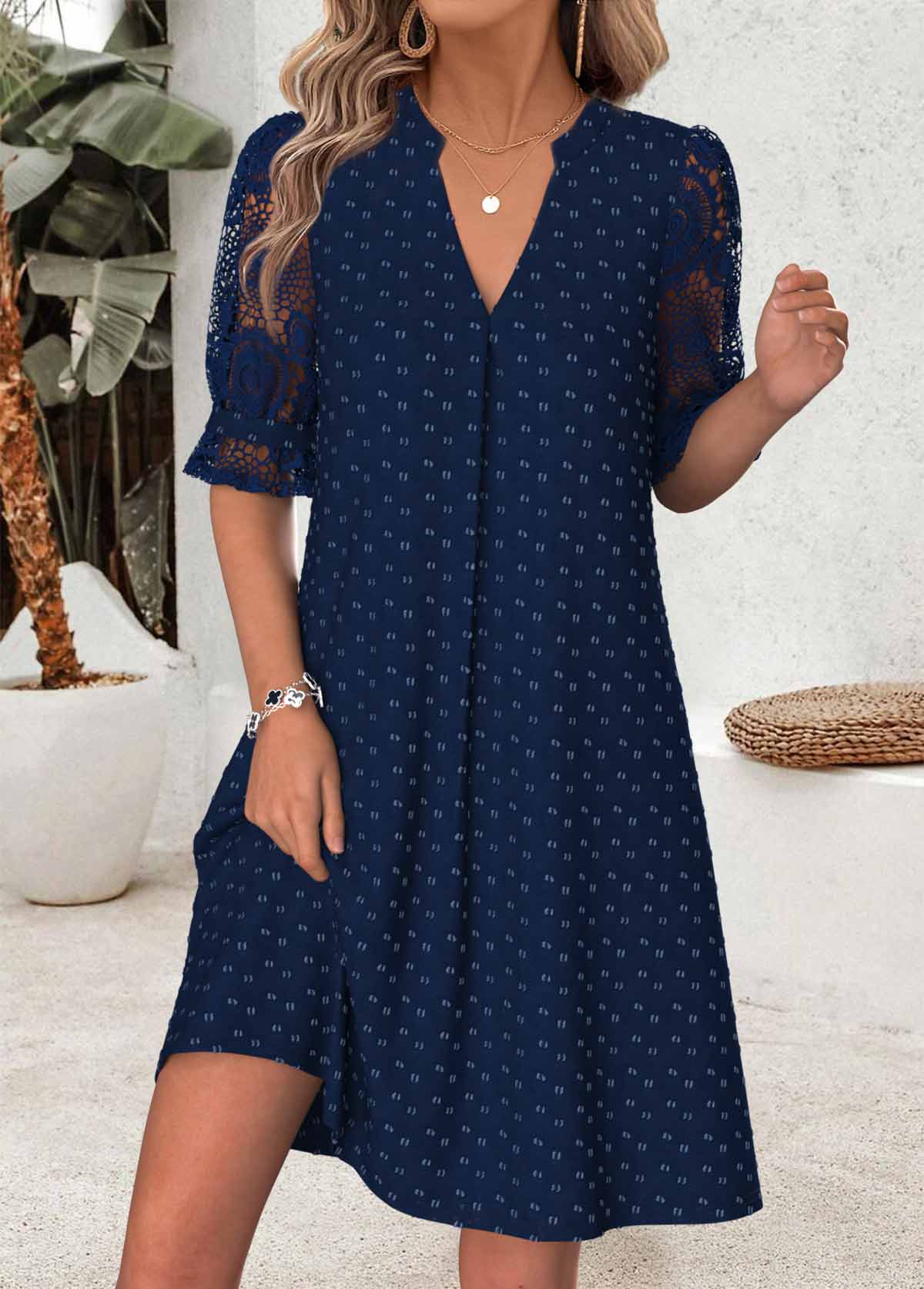 Navy Short Shirred Half Sleeve Split Neck Dress | picture 