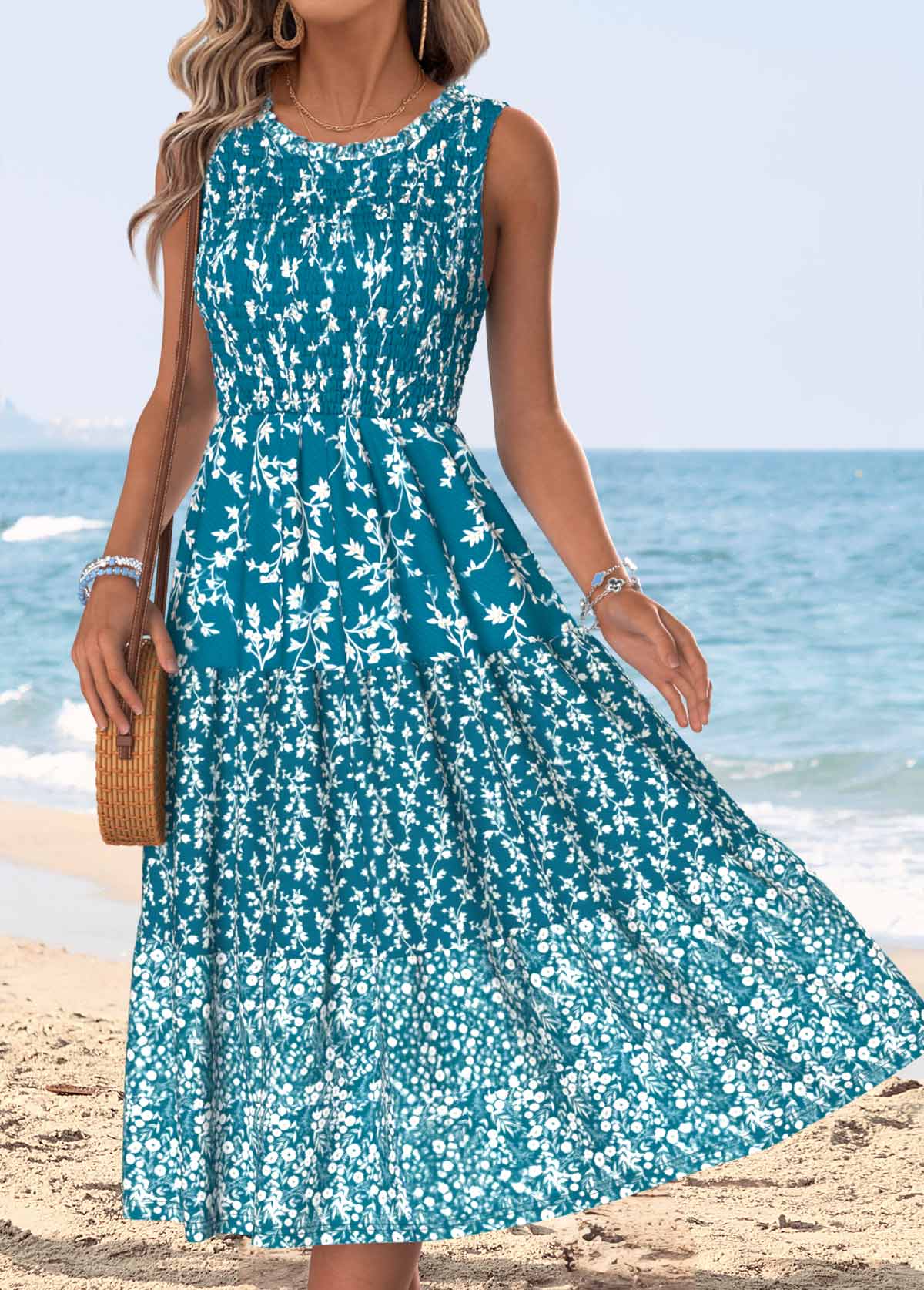 Peacock Blue Ditsy Floral Print Tummy Coverage Sleeveless Dress | picture 