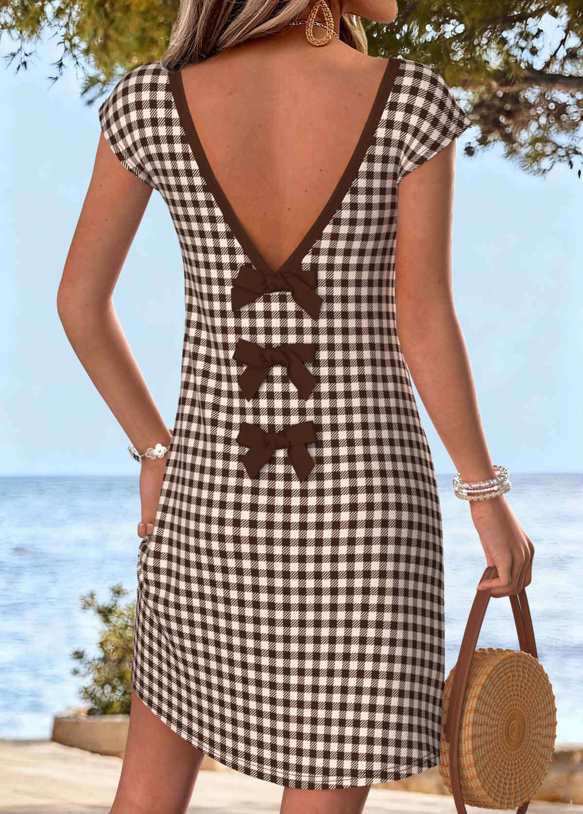 Light Coffee Plaid Short Bowknot V Neck Dress | picture 