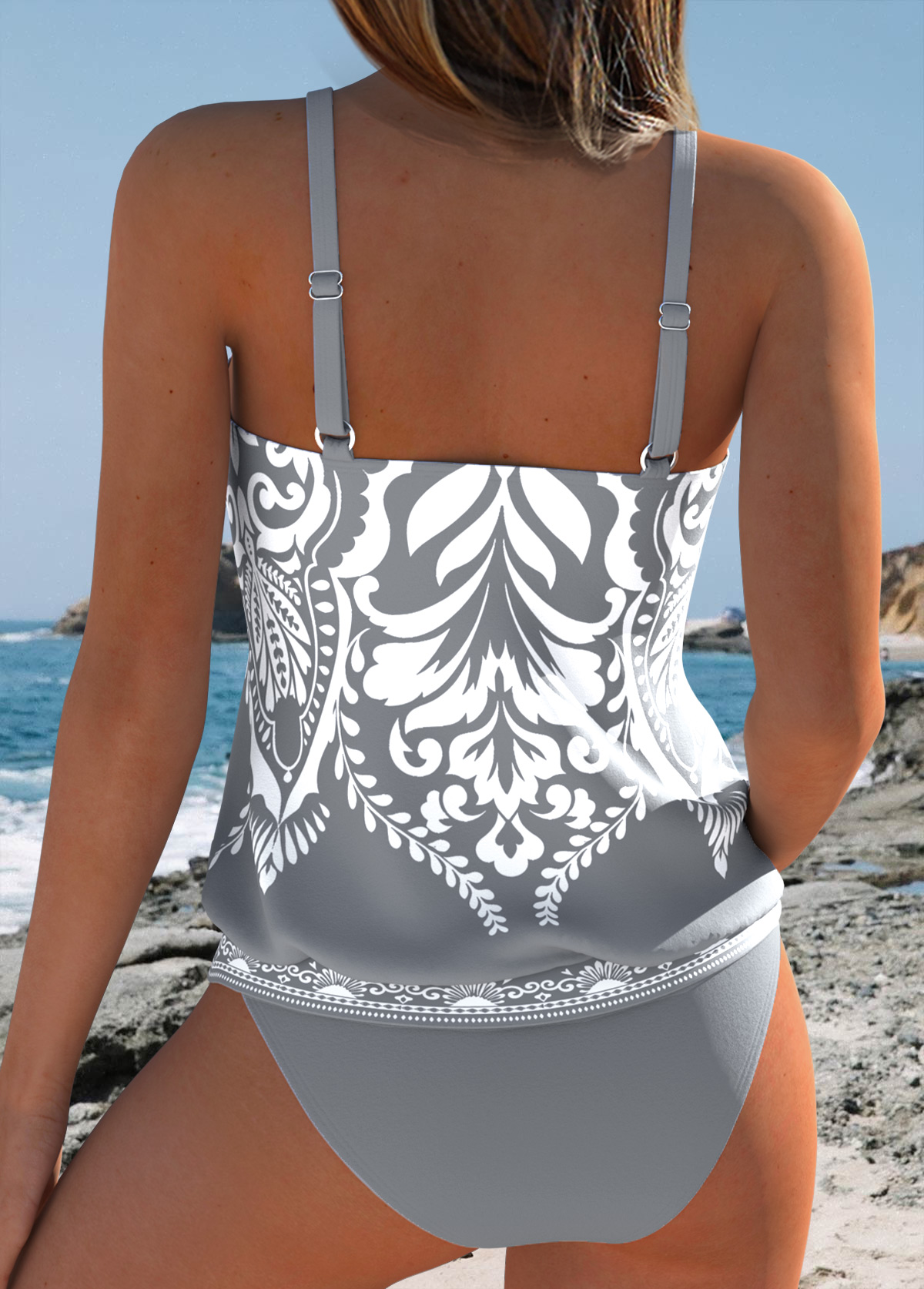 Navy Mid Waisted Two-piece Tribal Print Tankini Set | picture 