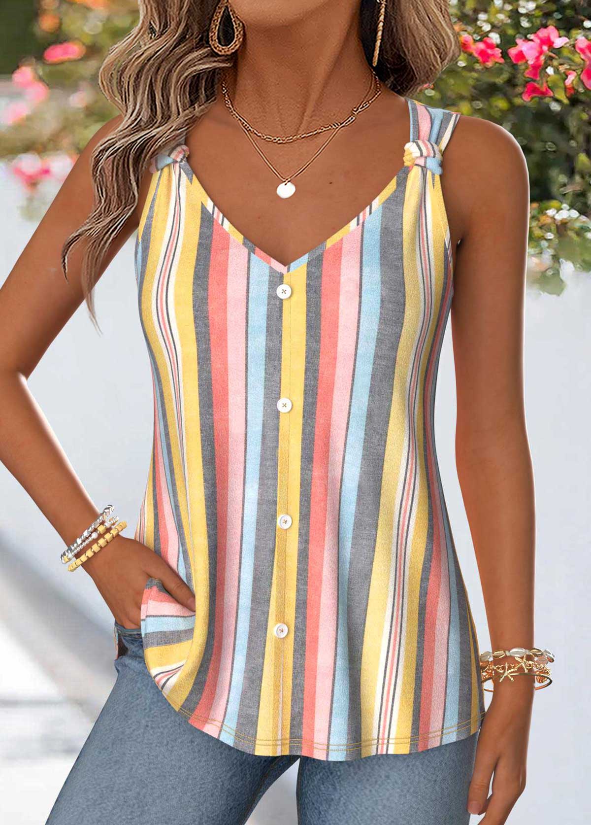 Striped Geometric Print V Neck Tank Top – Tummy Control Slimming