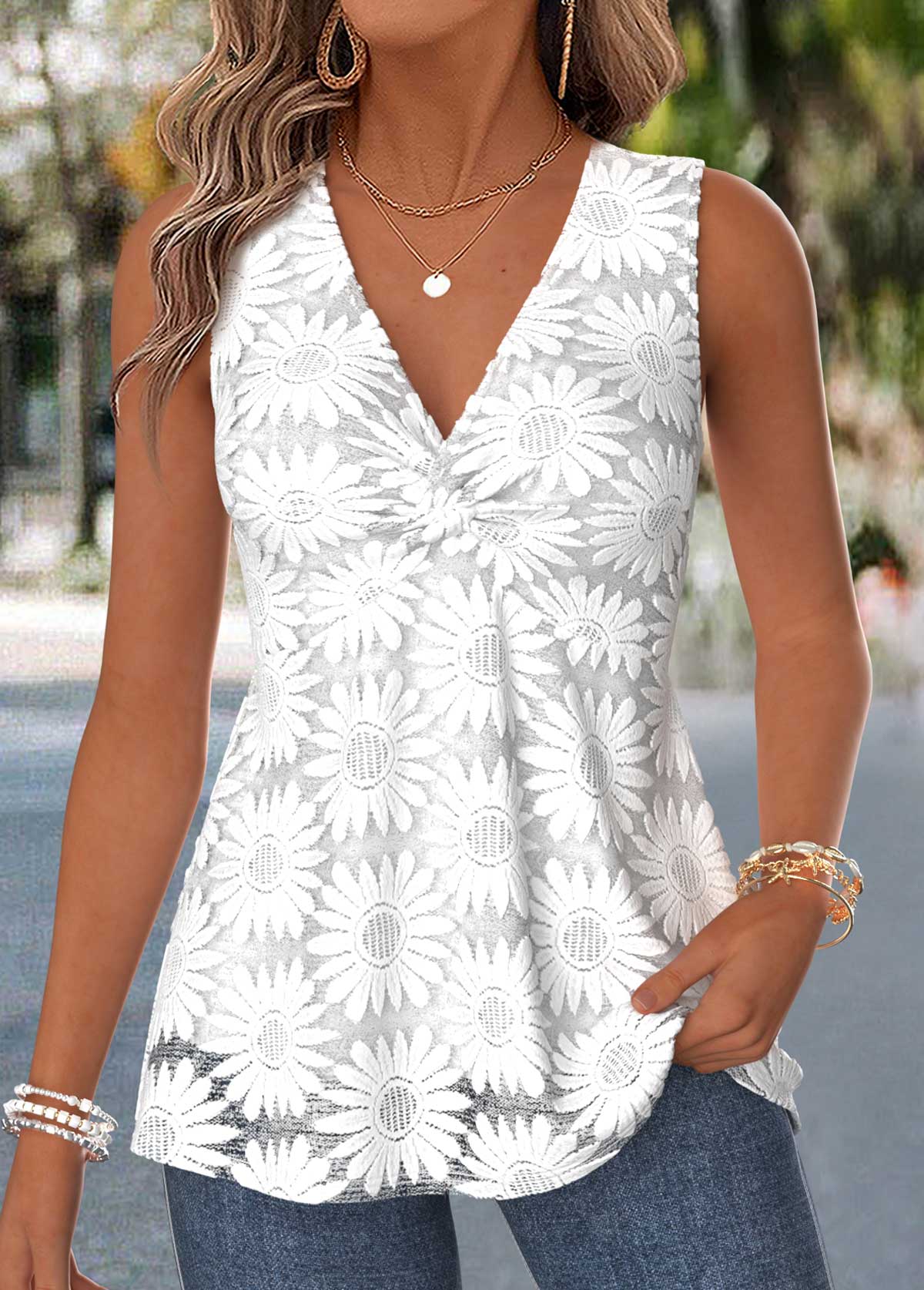 Raw White Twist Sleeveless V Neck Tank Top | picture 