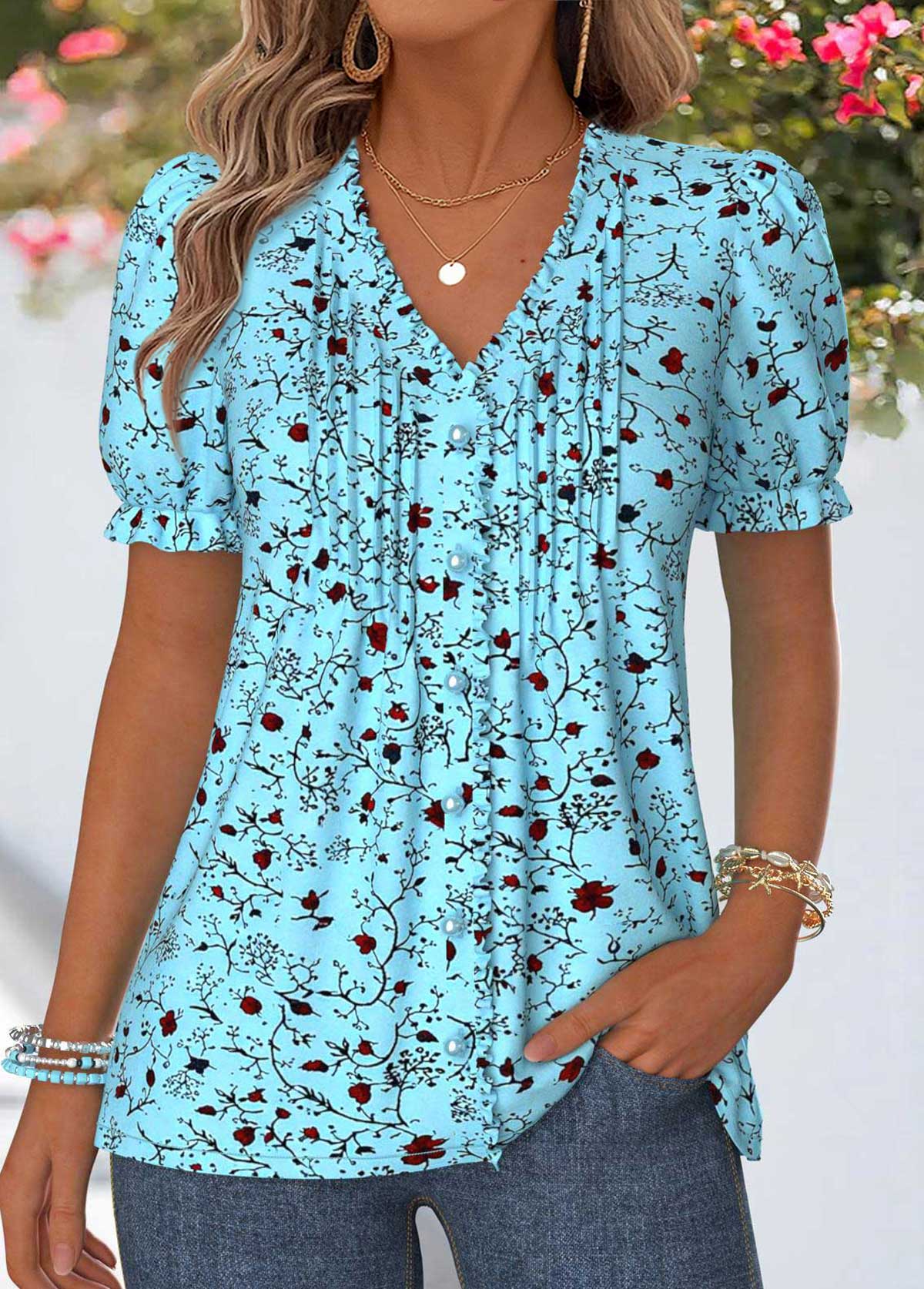 Blue Floral Print Frill Short Sleeve T Shirt | picture 