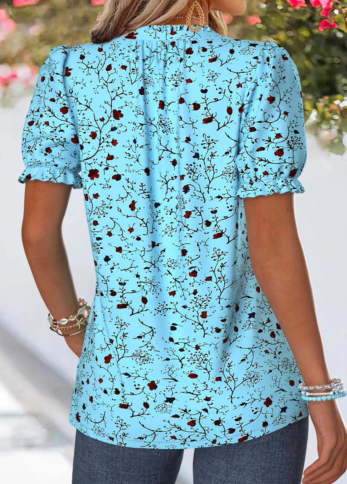 Blue Floral Print Frill Short Sleeve T Shirt | picture 