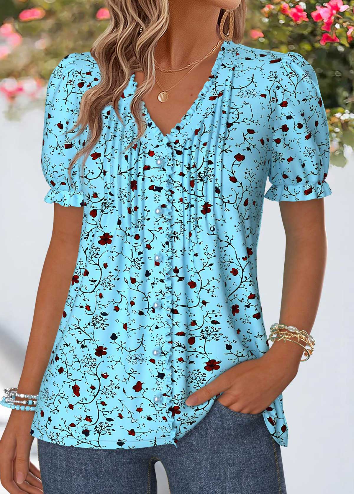 Blue Floral Print Frill Short Sleeve T Shirt | picture 