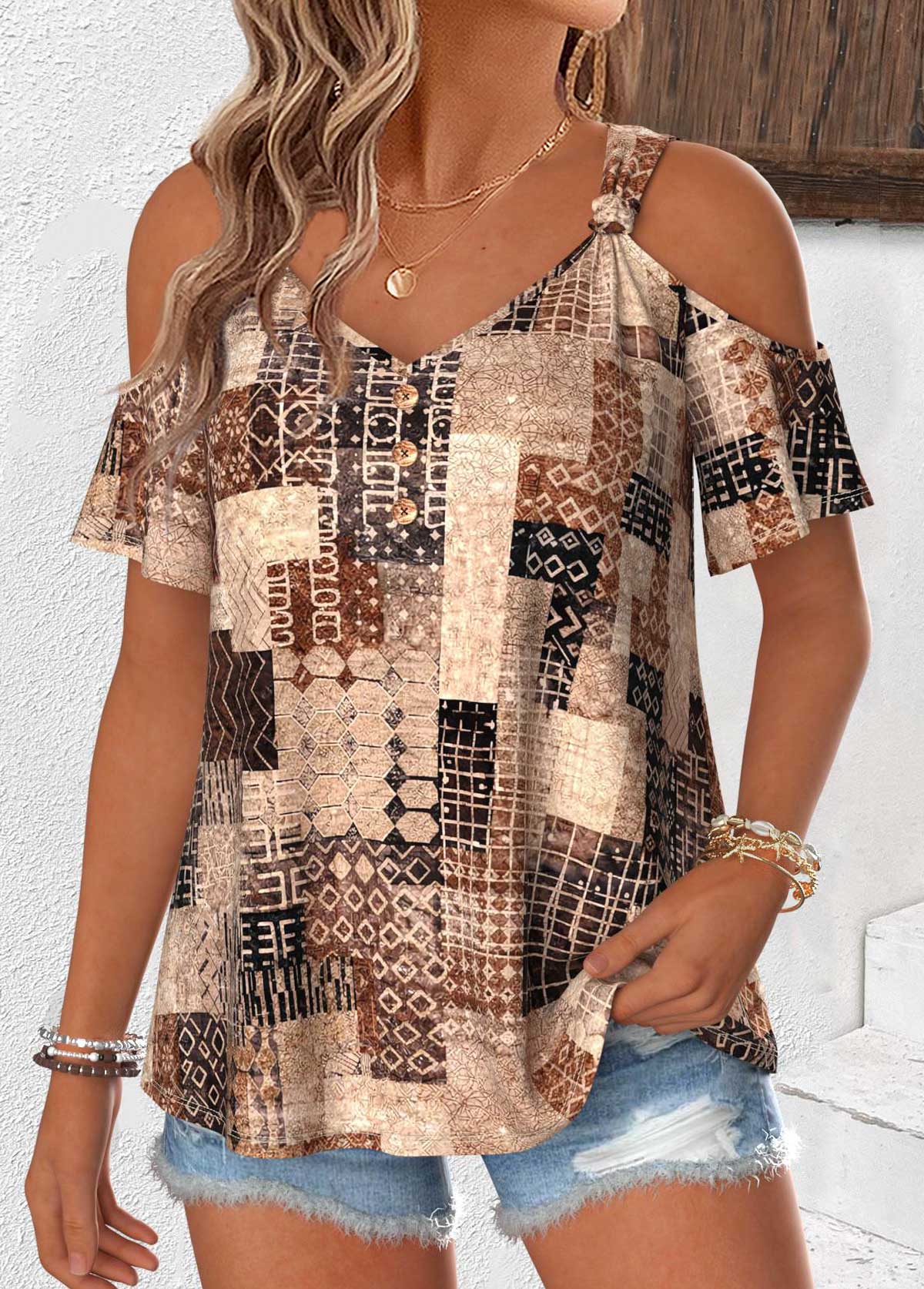 Dark Coffee Geometric Print Twist Short Sleeve T Shirt | picture 