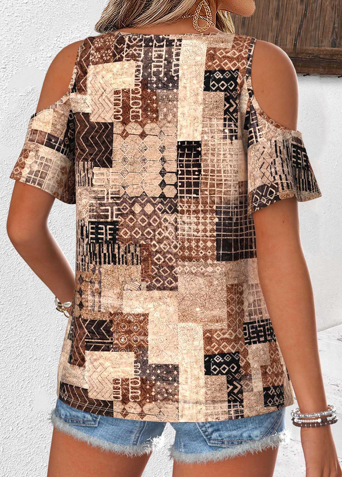 Dark Coffee Geometric Print Twist Short Sleeve T Shirt | picture 