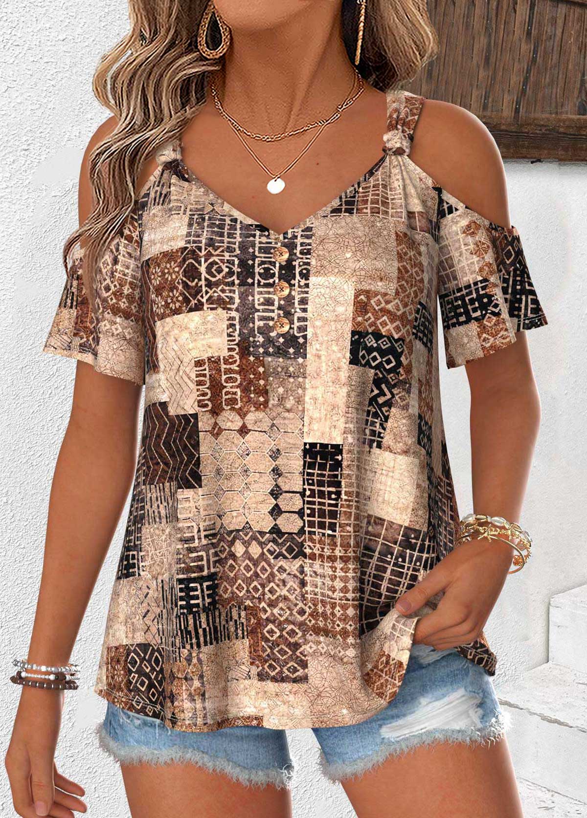 Dark Coffee Geometric Print Twist Short Sleeve T Shirt | picture 