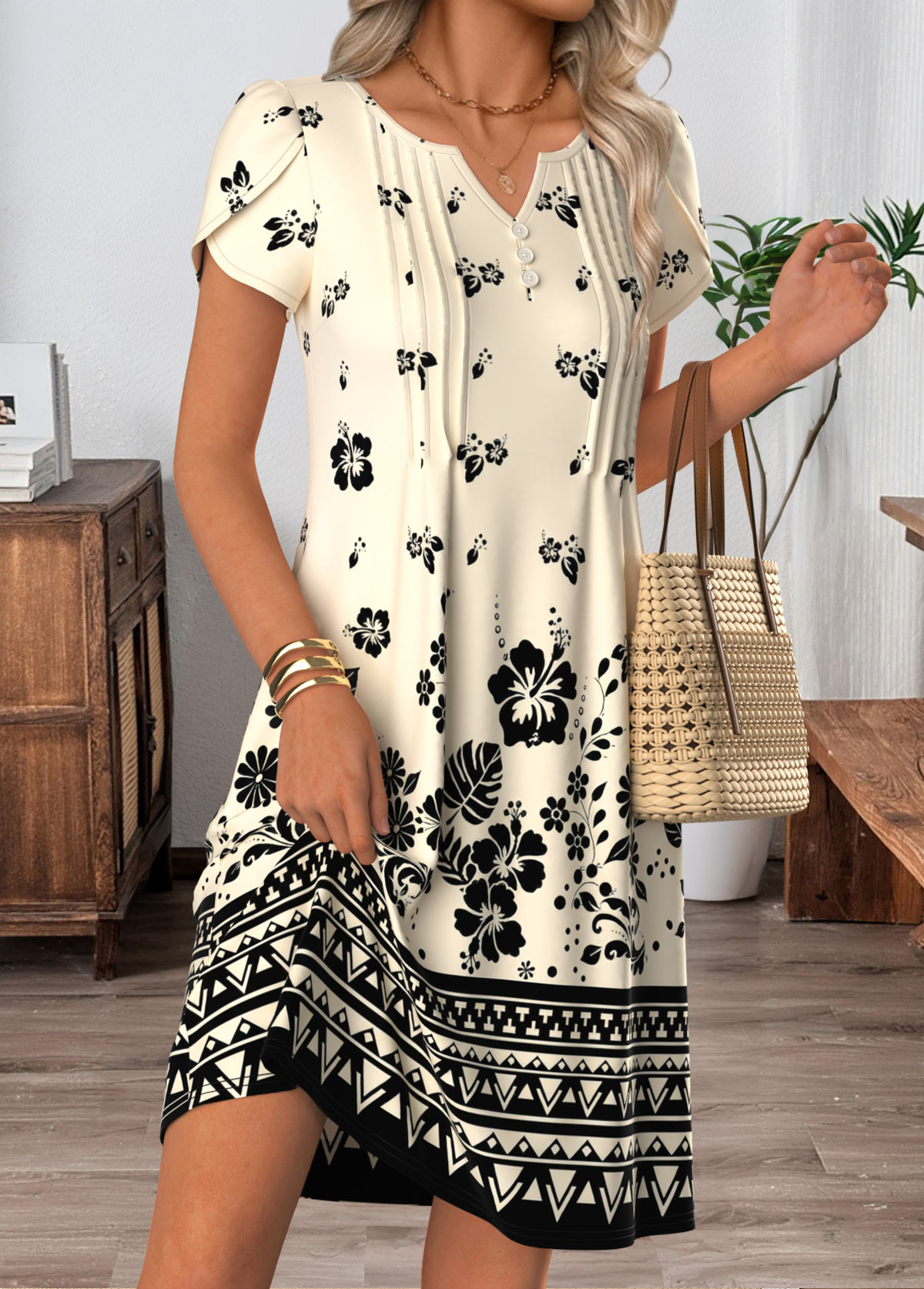 Beige Floral Print Short Tuck Stitch Split Neck Dress | picture 