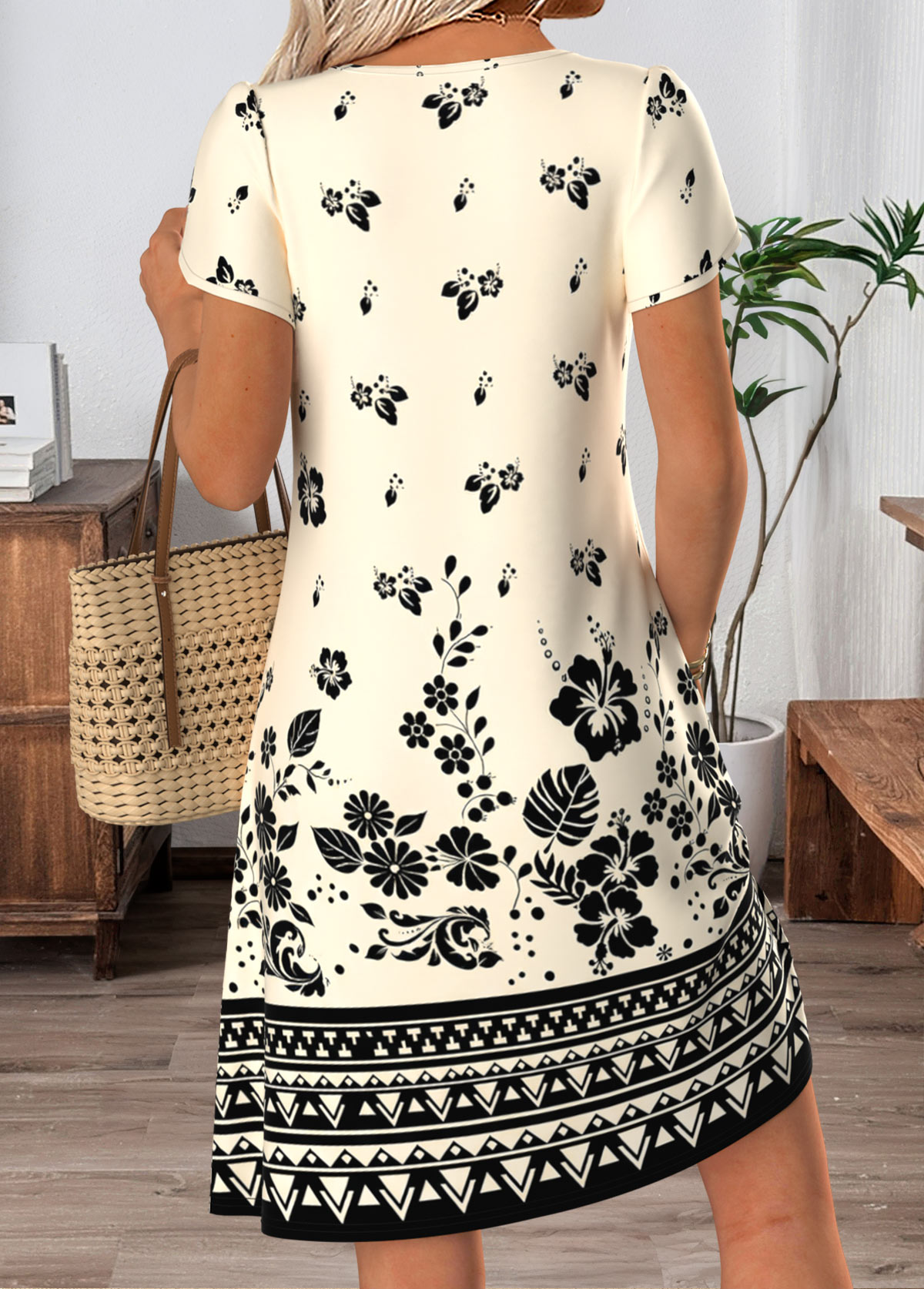 Beige Floral Print Short Tuck Stitch Split Neck Dress | picture 