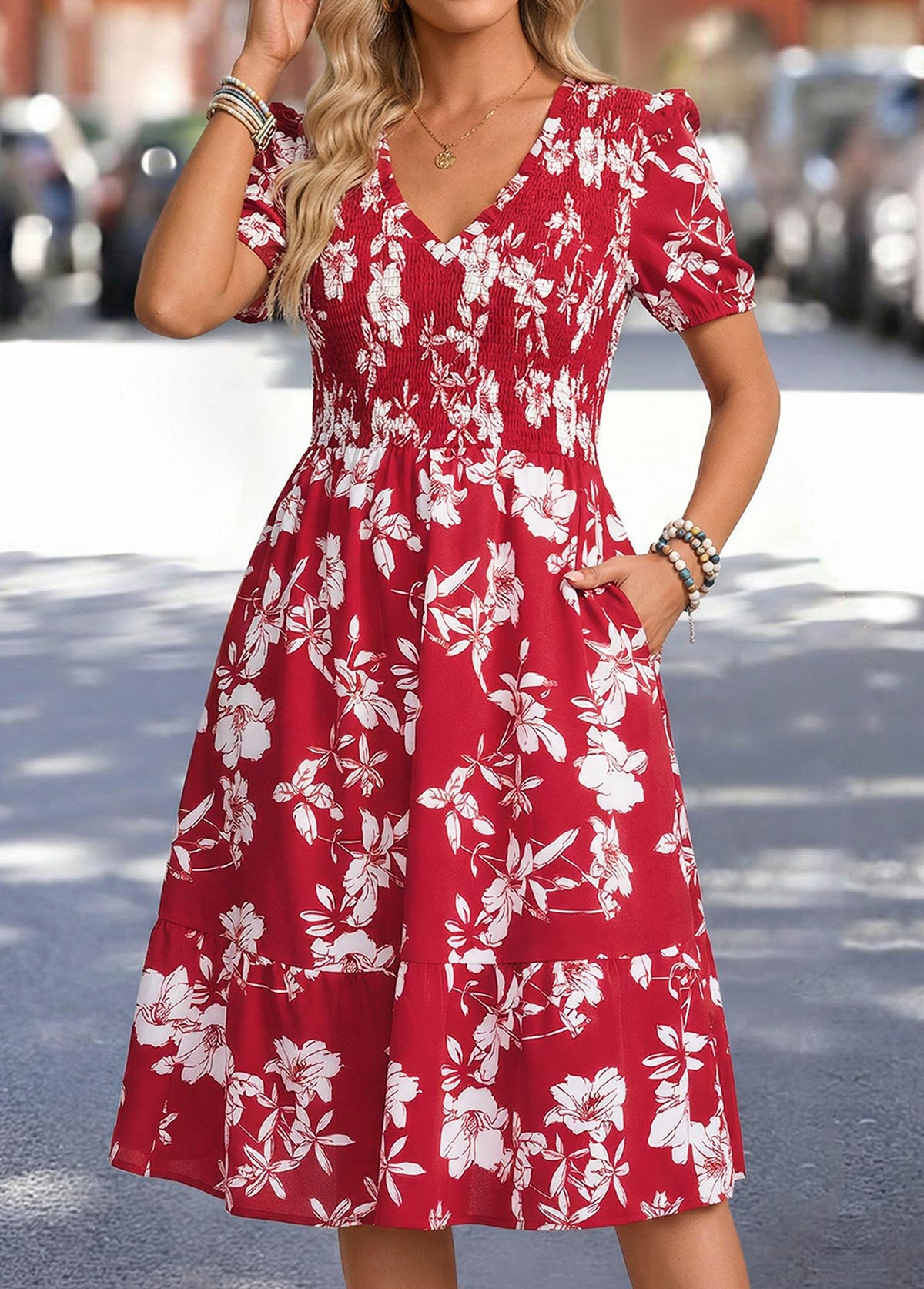 Red Floral Print Tummy Coverage Short Sleeve Dress | picture 