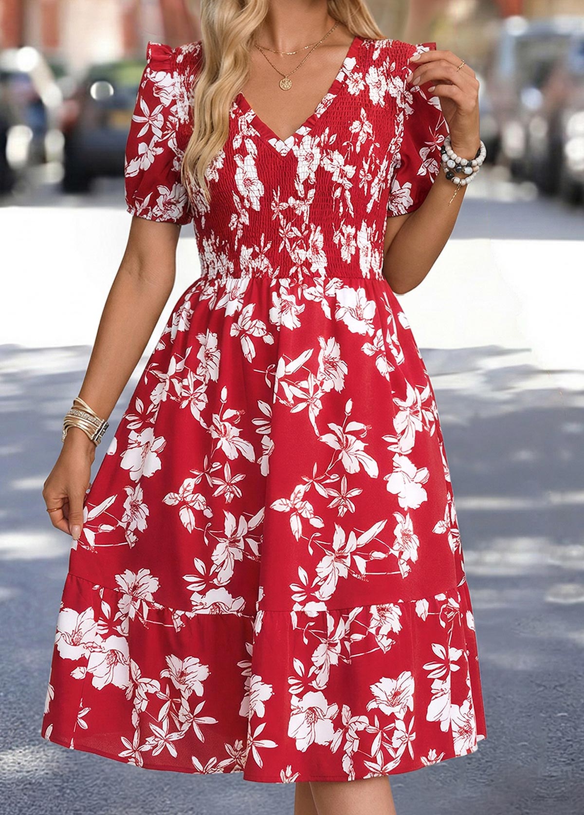 Red Floral Print Tummy Coverage Short Sleeve Dress | picture 