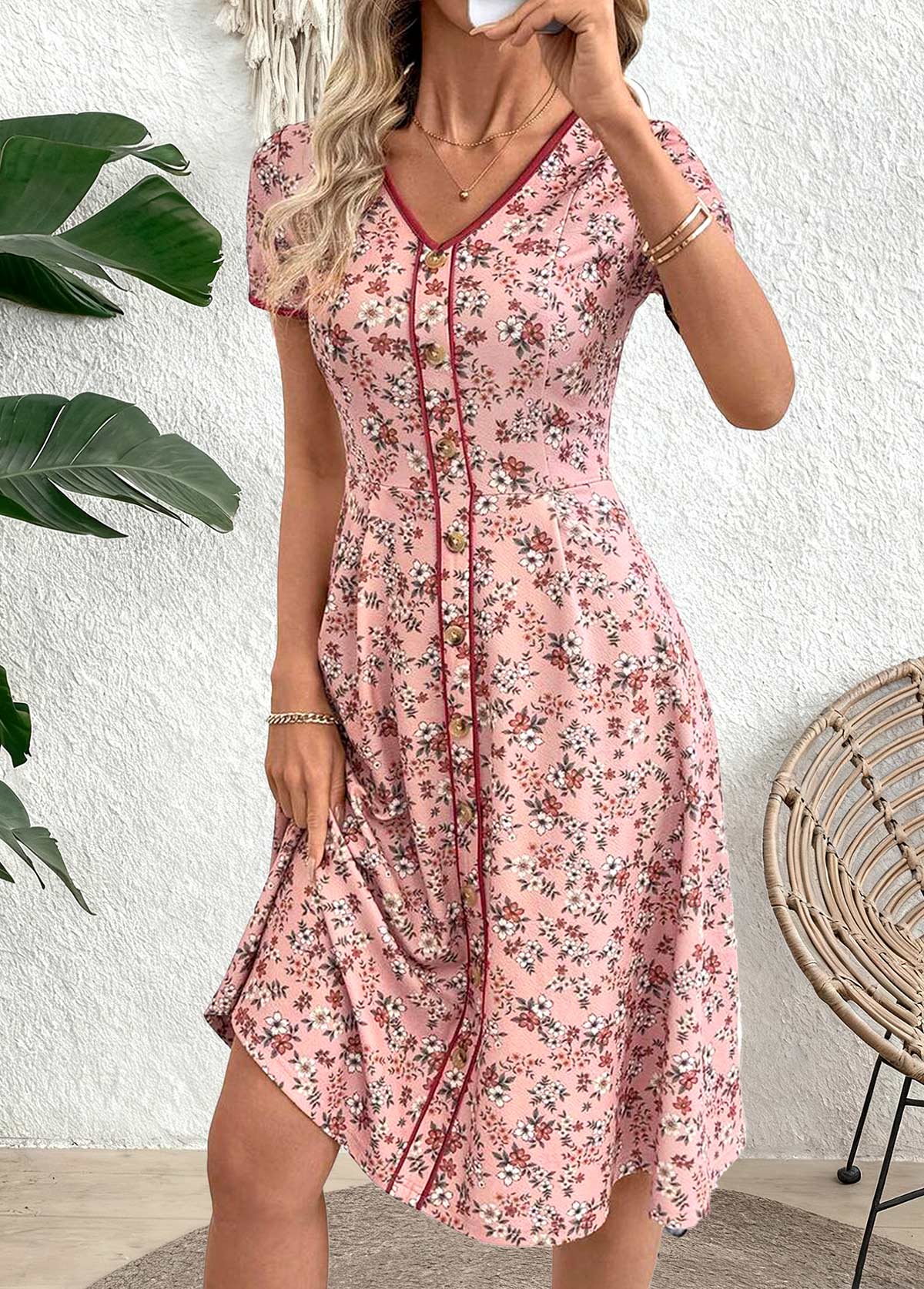 Pink Ditsy Floral Print Short Sleeve V Neck Dress | picture 