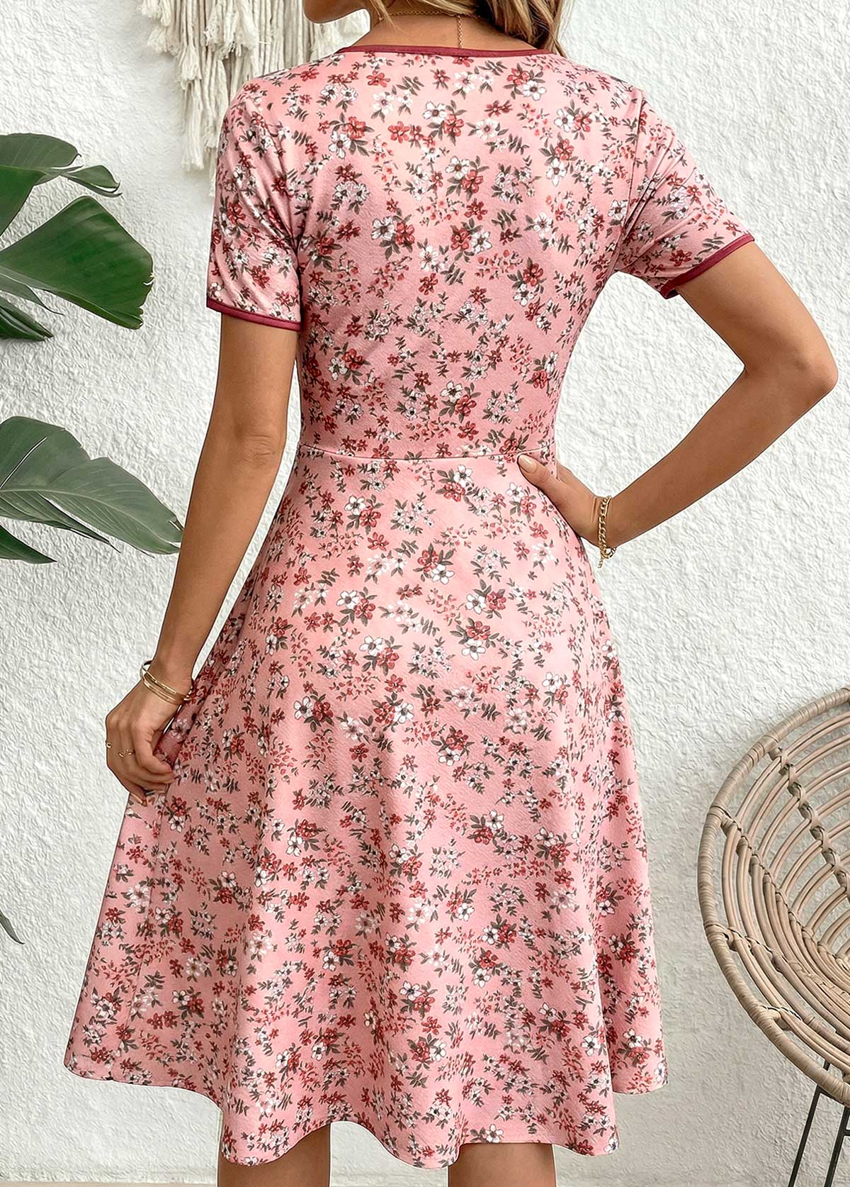Pink Ditsy Floral Print Short Sleeve V Neck Dress | picture 