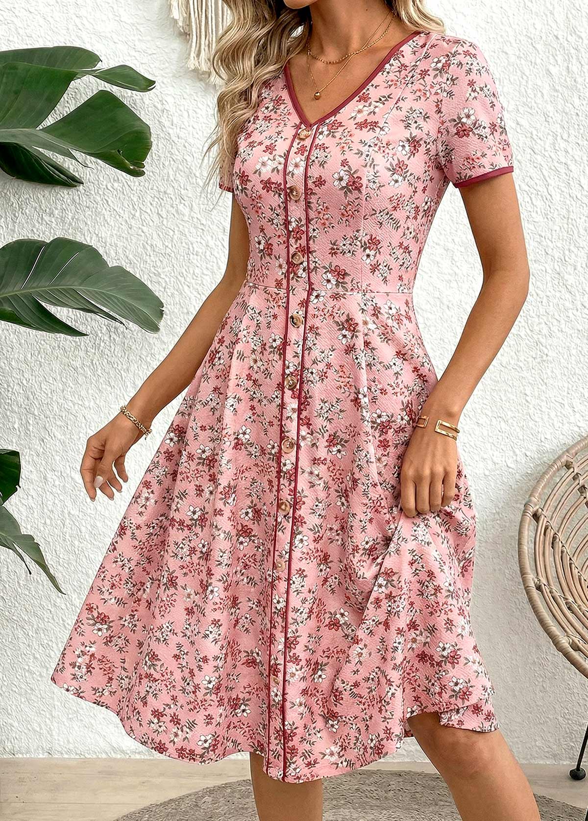 Pink Ditsy Floral Print Short Sleeve V Neck Dress | picture 