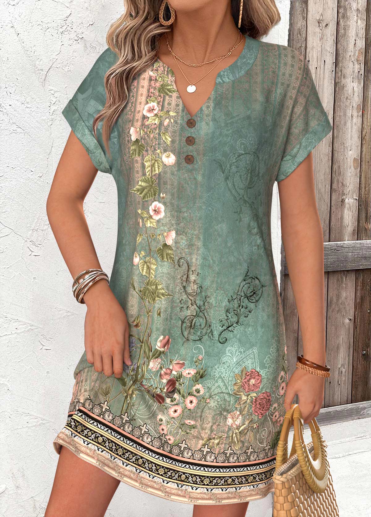 Sage Green Tribal Print Short Tummy Coverage Dress | picture 