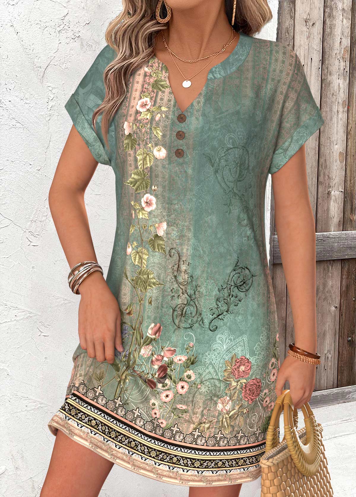 Sage Green Tribal Print Short Tummy Coverage Dress | picture 