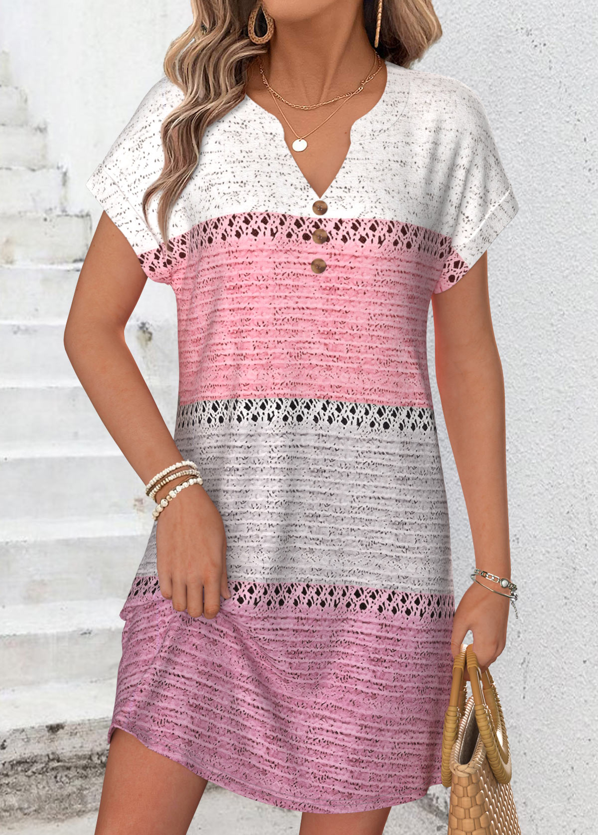 Pink Geometric Print Short Tummy Coverage Split Neck Dress | picture 