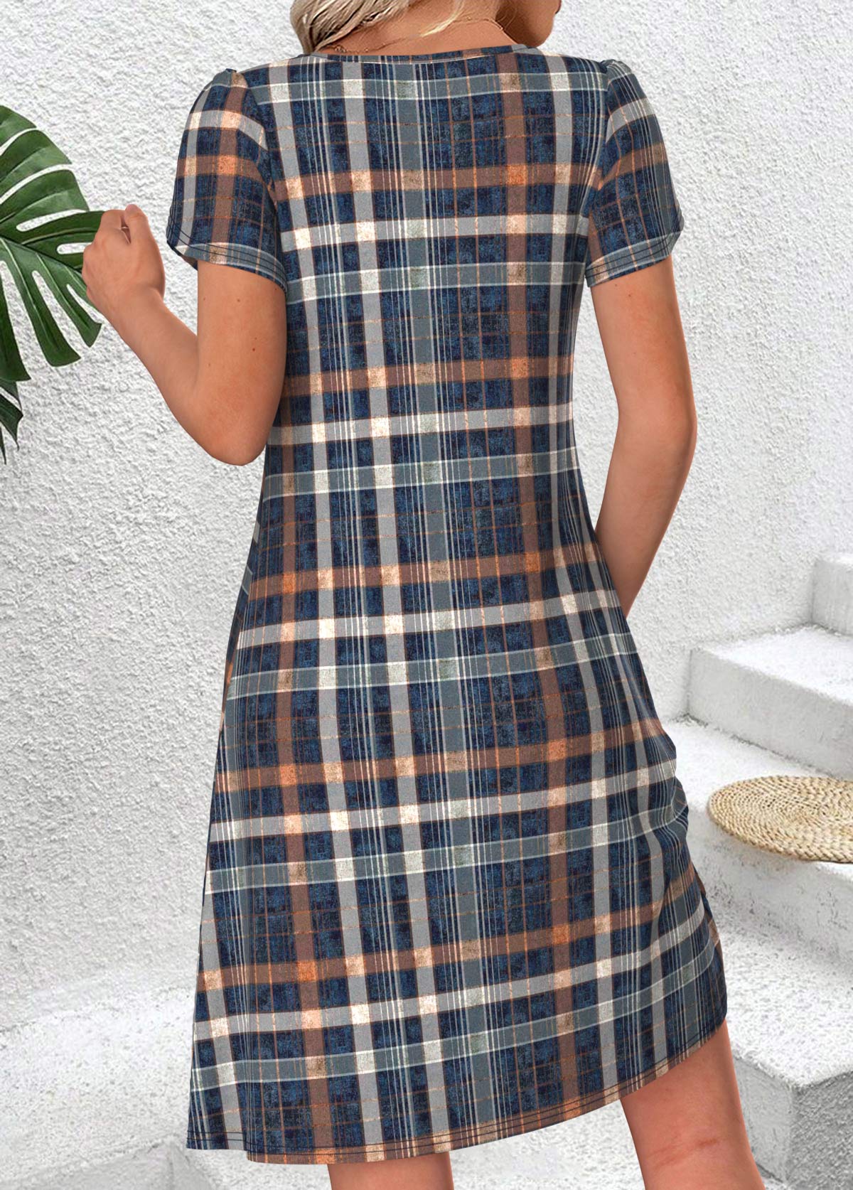 Multi Color Plaid Tuck Stitch Short Sleeve Dress | picture 
