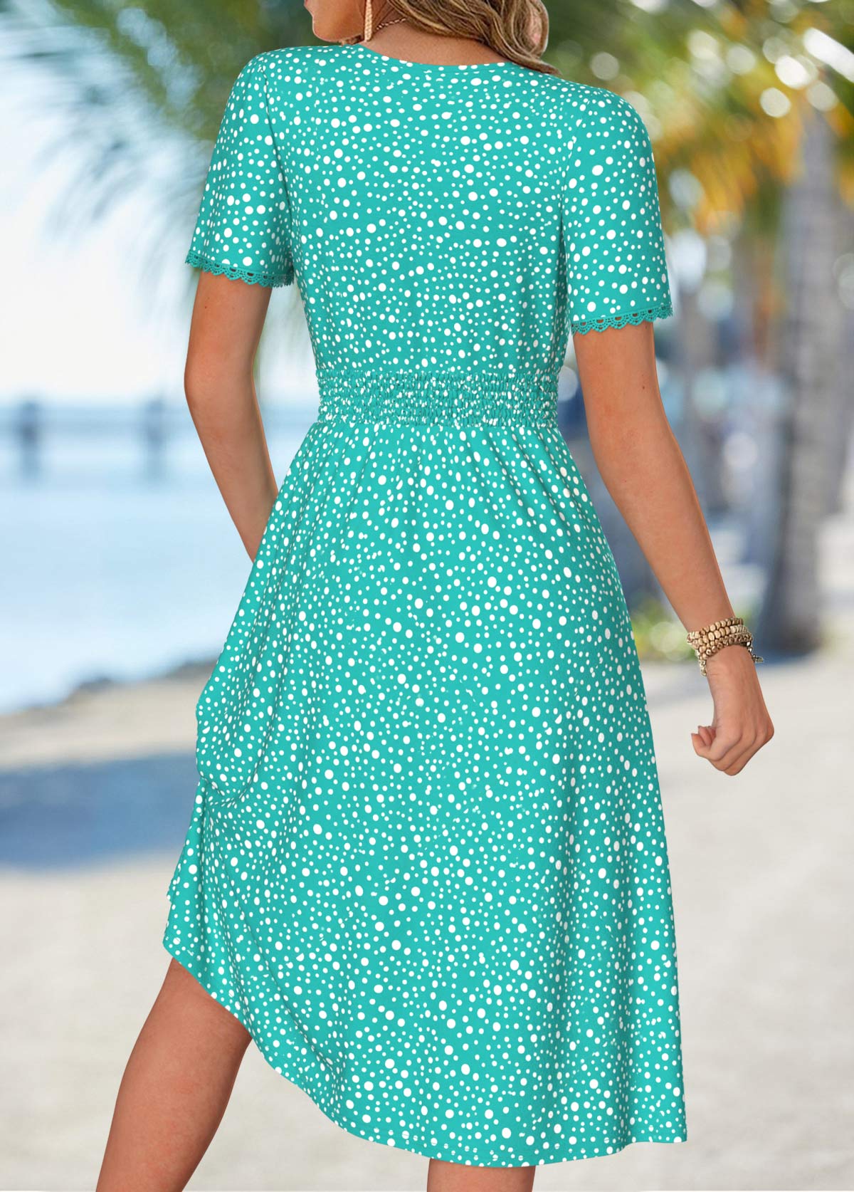 Mint Green Polka Dot Smocked Short Sleeve Dress | picture 