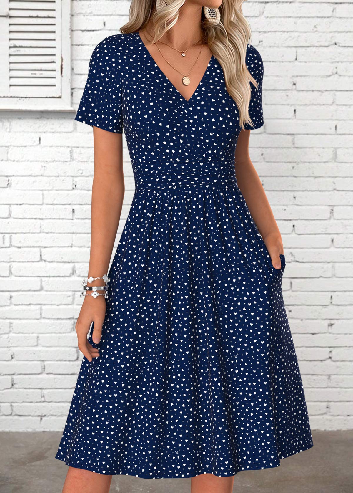 Navy Heart Print Shirred Short Sleeve V Neck Dress | picture 