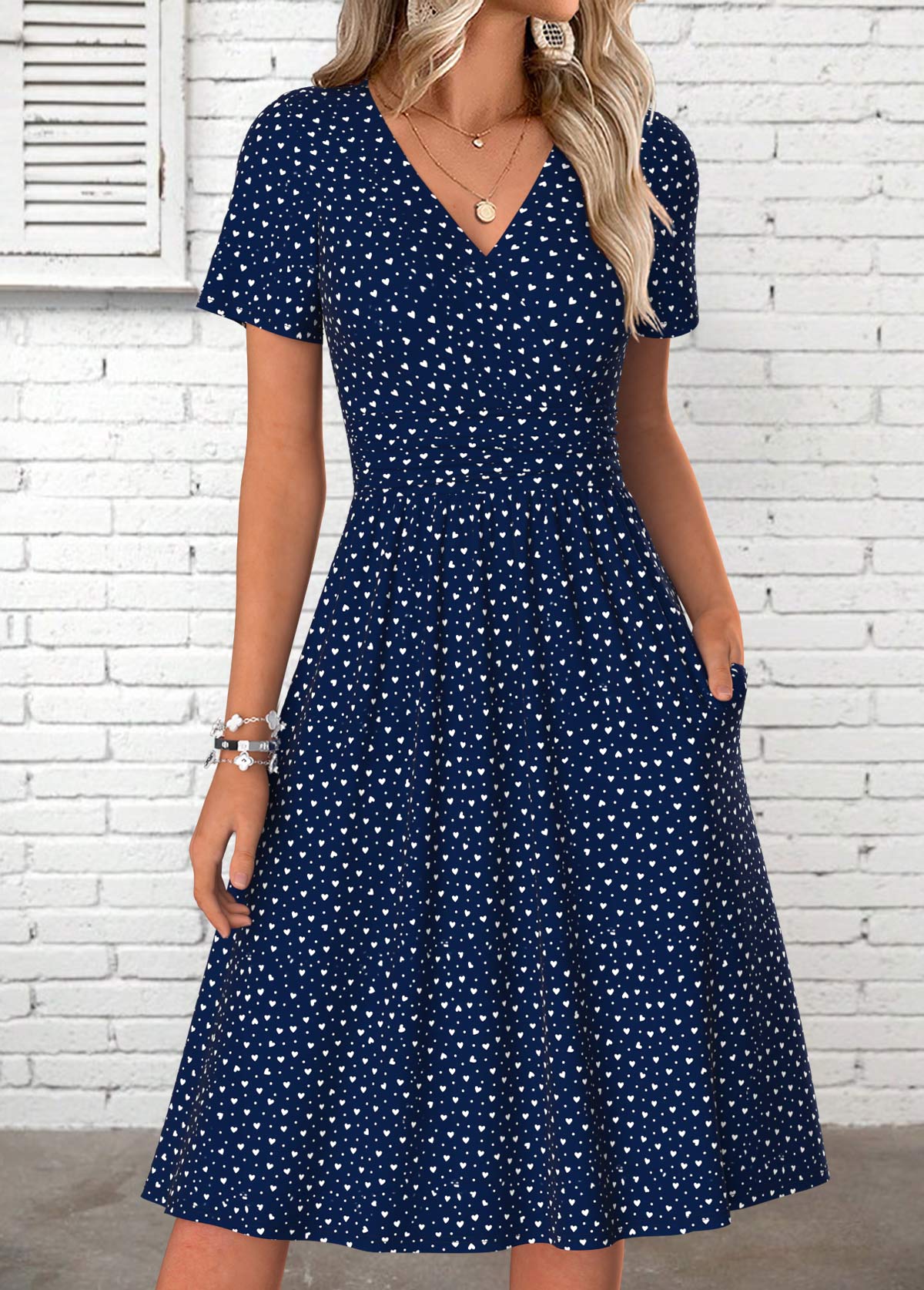 Navy Heart Print Shirred Short Sleeve V Neck Dress | picture 
