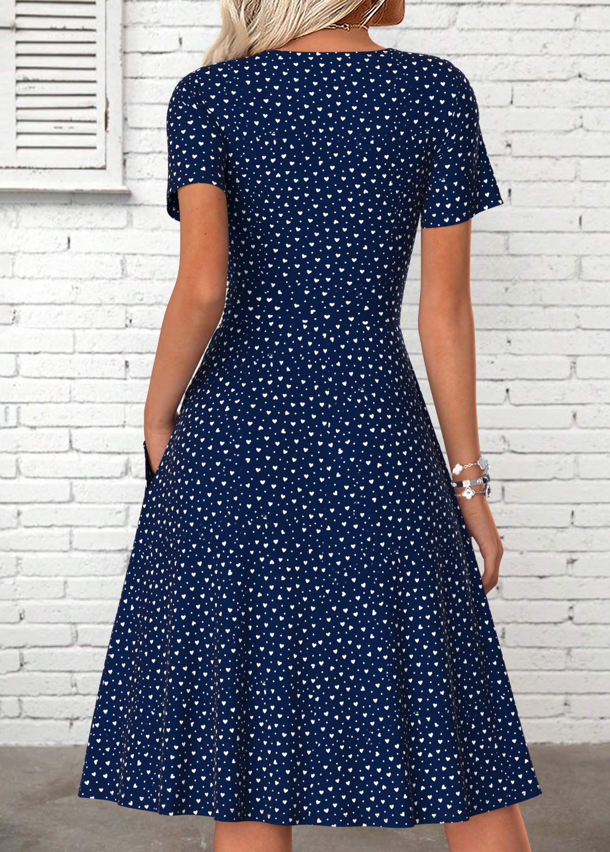 Navy Heart Print Shirred Short Sleeve V Neck Dress | picture 