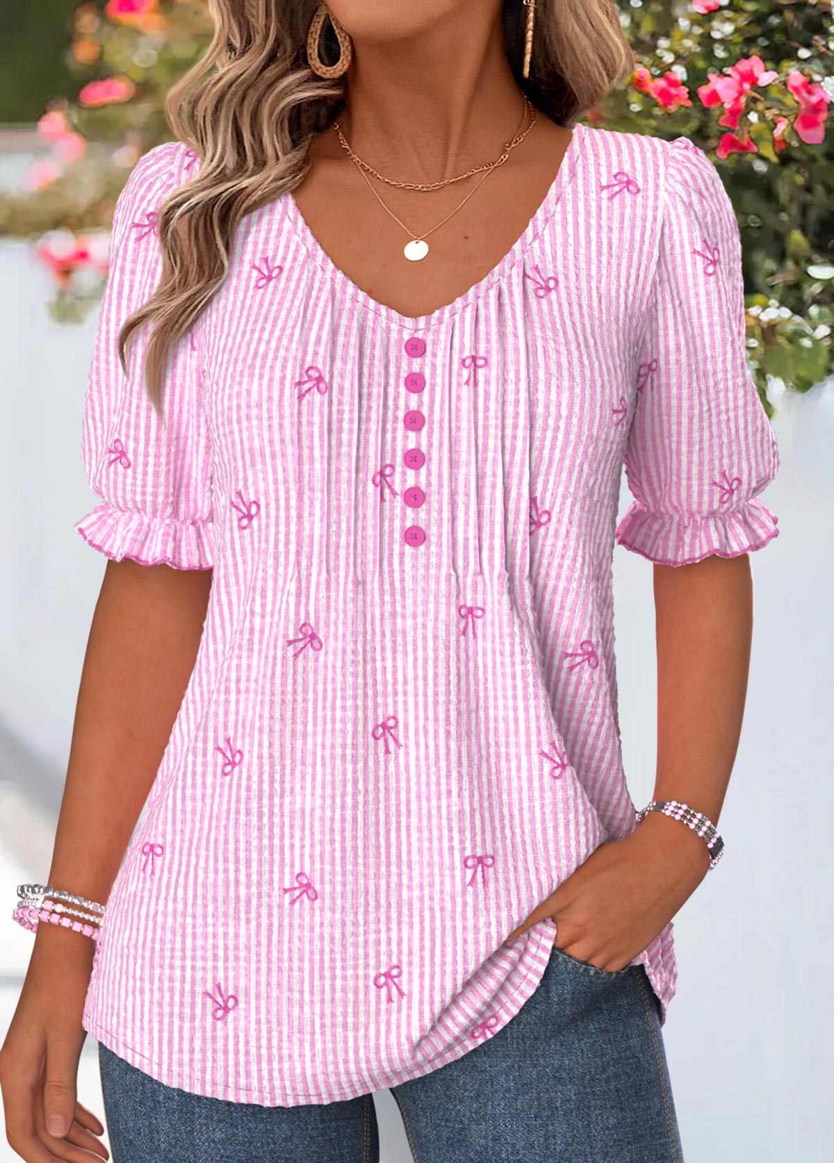 Pink Striped Curved Hem Short Sleeve T Shirt | picture 