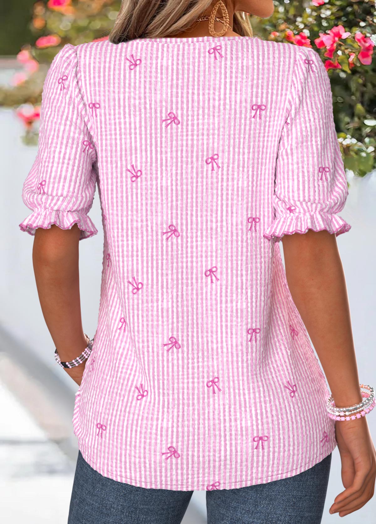 Pink Striped Curved Hem Short Sleeve T Shirt | picture 