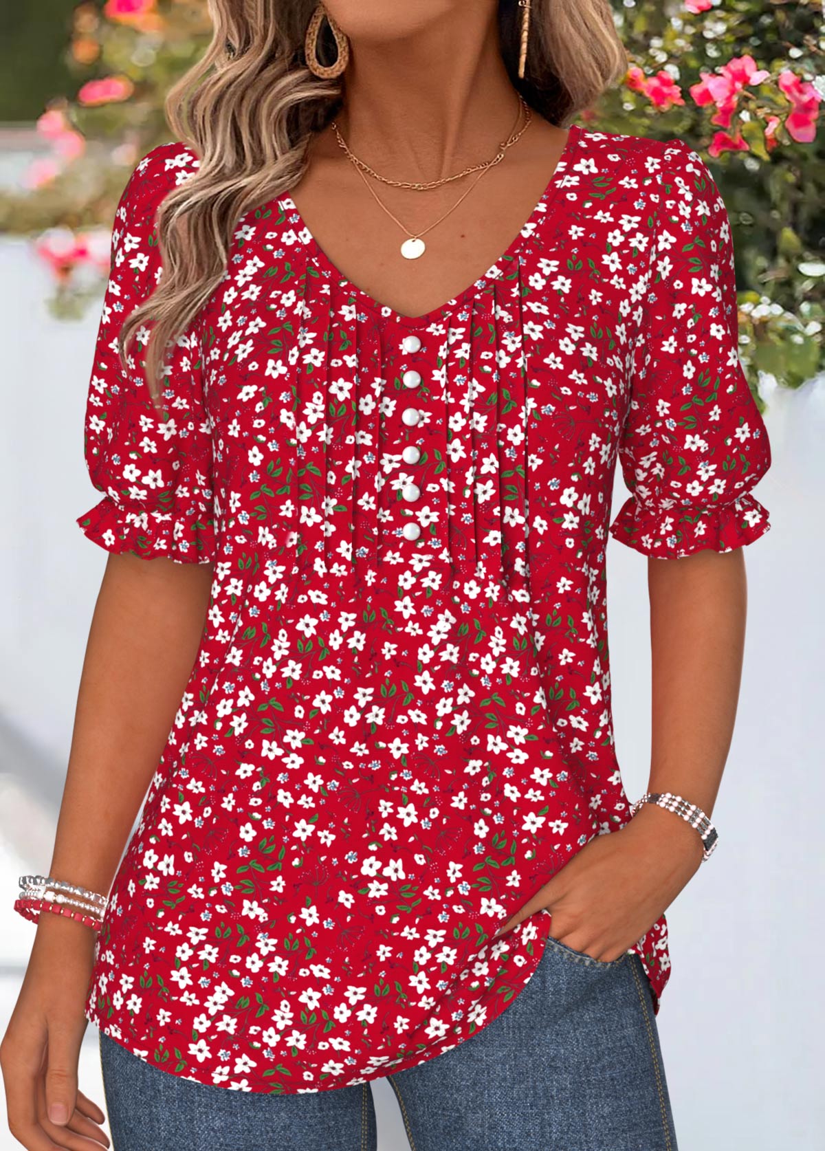Red Ditsy Floral Print Curved Hem T Shirt | picture 