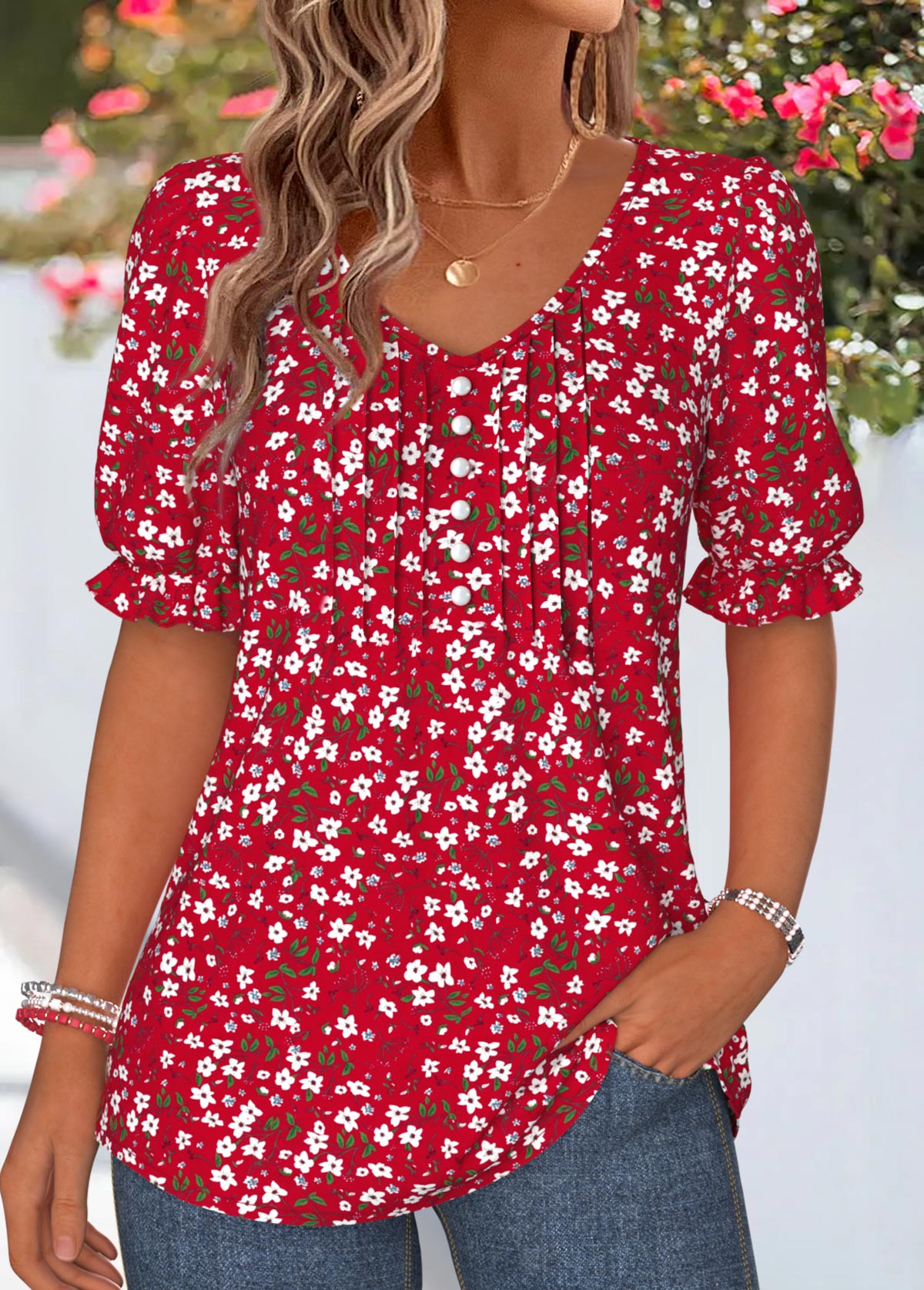 Red Ditsy Floral Print Curved Hem T Shirt | picture 