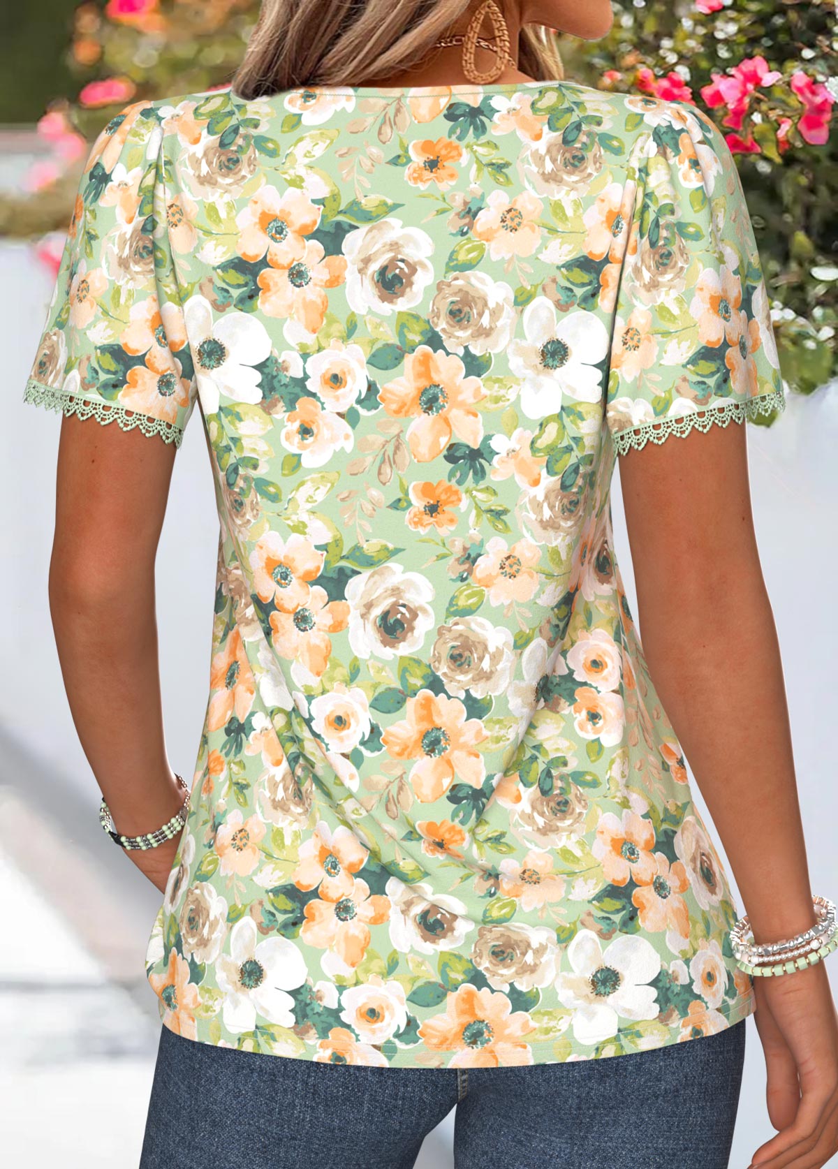 Light Green Floral Print Pleated Short Sleeve T Shirt | picture 