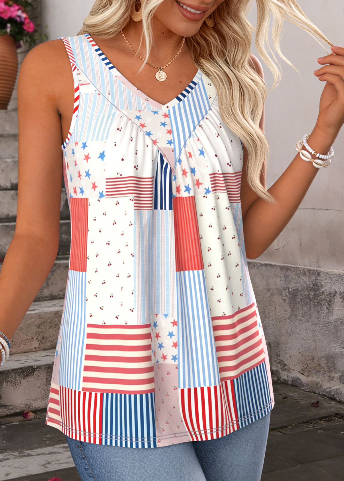 Multi Color American Flag Print Patchwork Sleeveless Tank Top | picture 