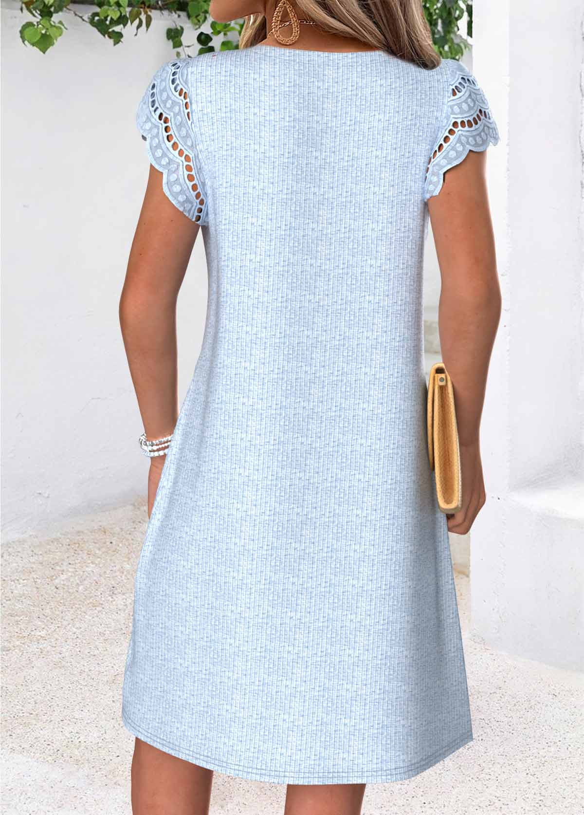 Light Blue Short Tuck Stitch V Neck Dress | picture 