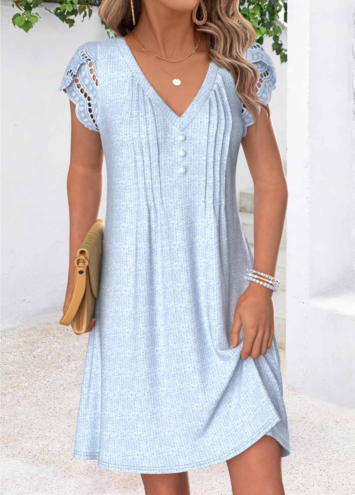 Light Blue Short Tuck Stitch V Neck Dress | picture 