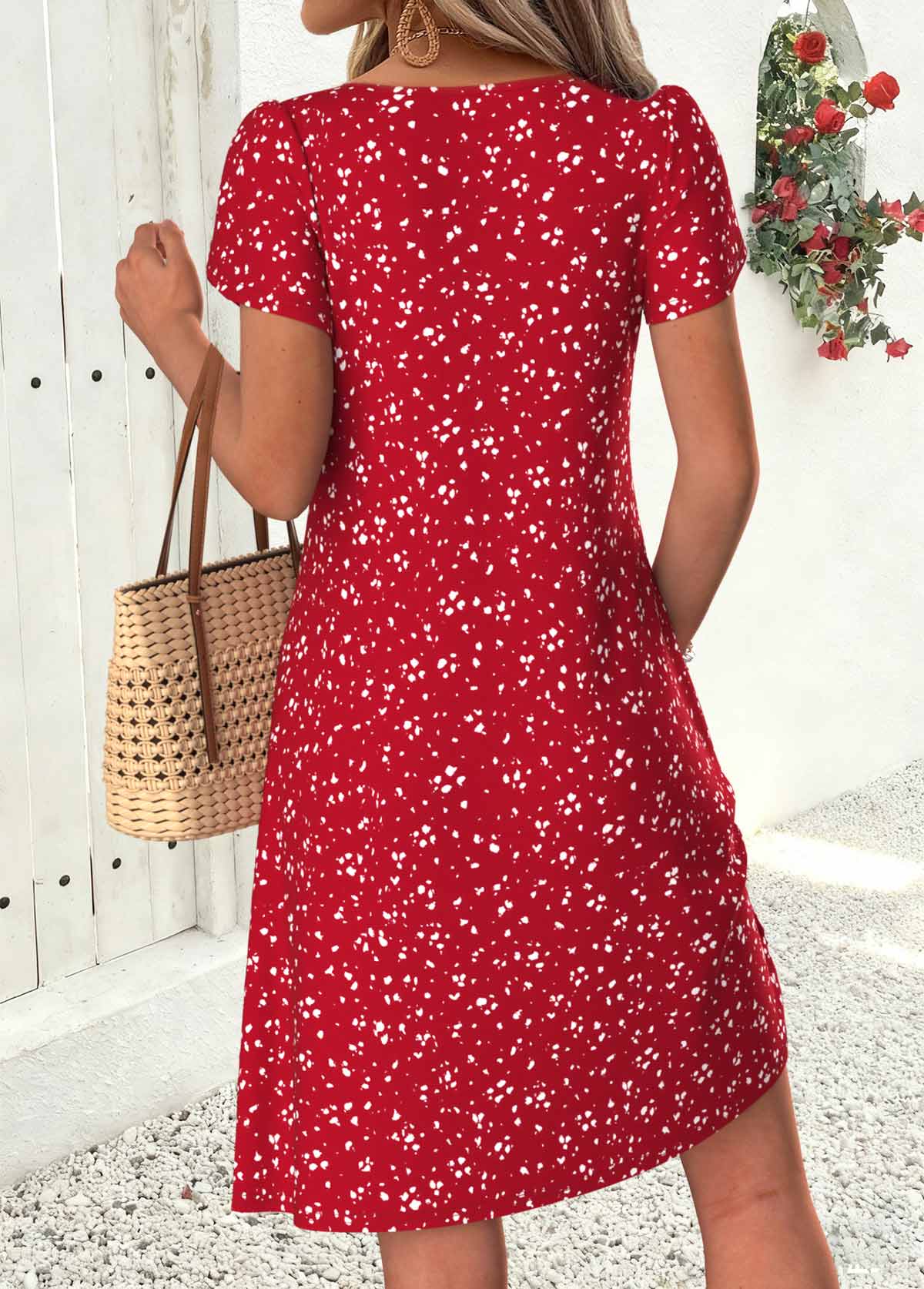 Red Ditsy Floral Print Short Tuck Stitch Dress | picture 