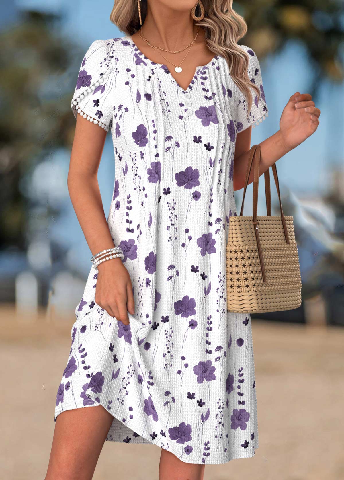 White Floral Print Short Tuck Stitch Split Neck Dress | picture 