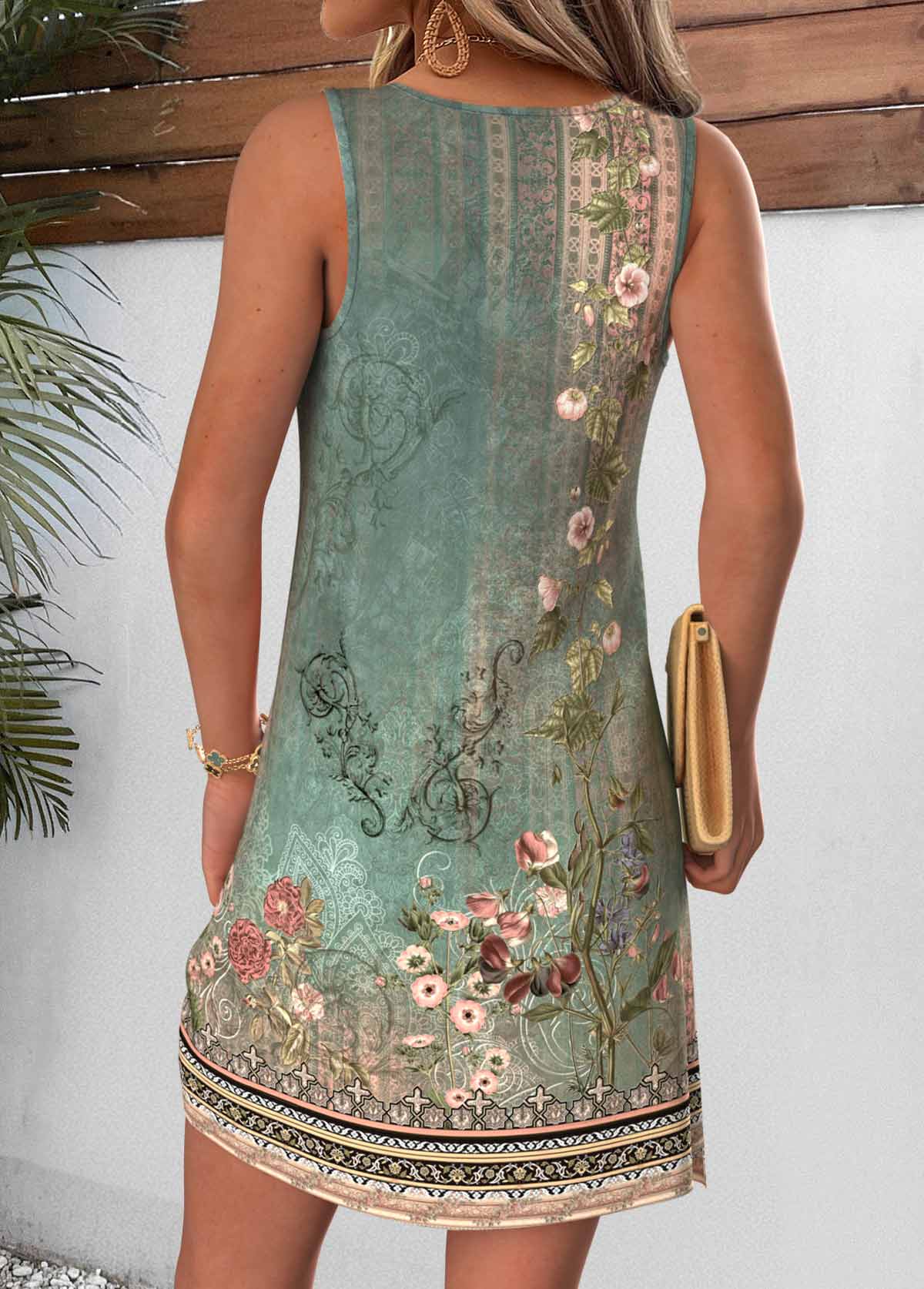 Sage Green Floral Print Short Tummy Coverage Sleeveless Dress | picture 