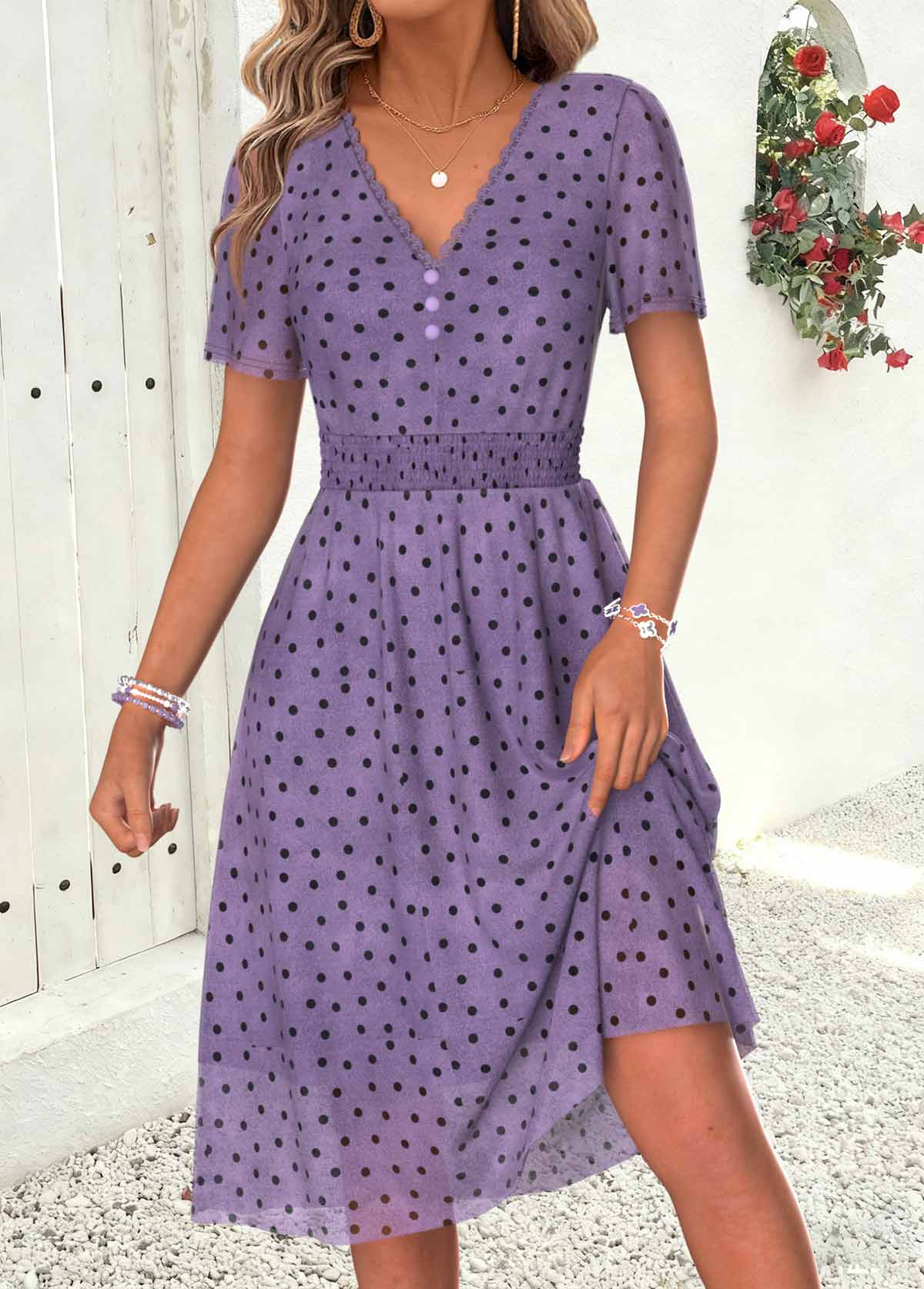 Dusty Purple Polka Dot Layered Short Sleeve Dress | picture 