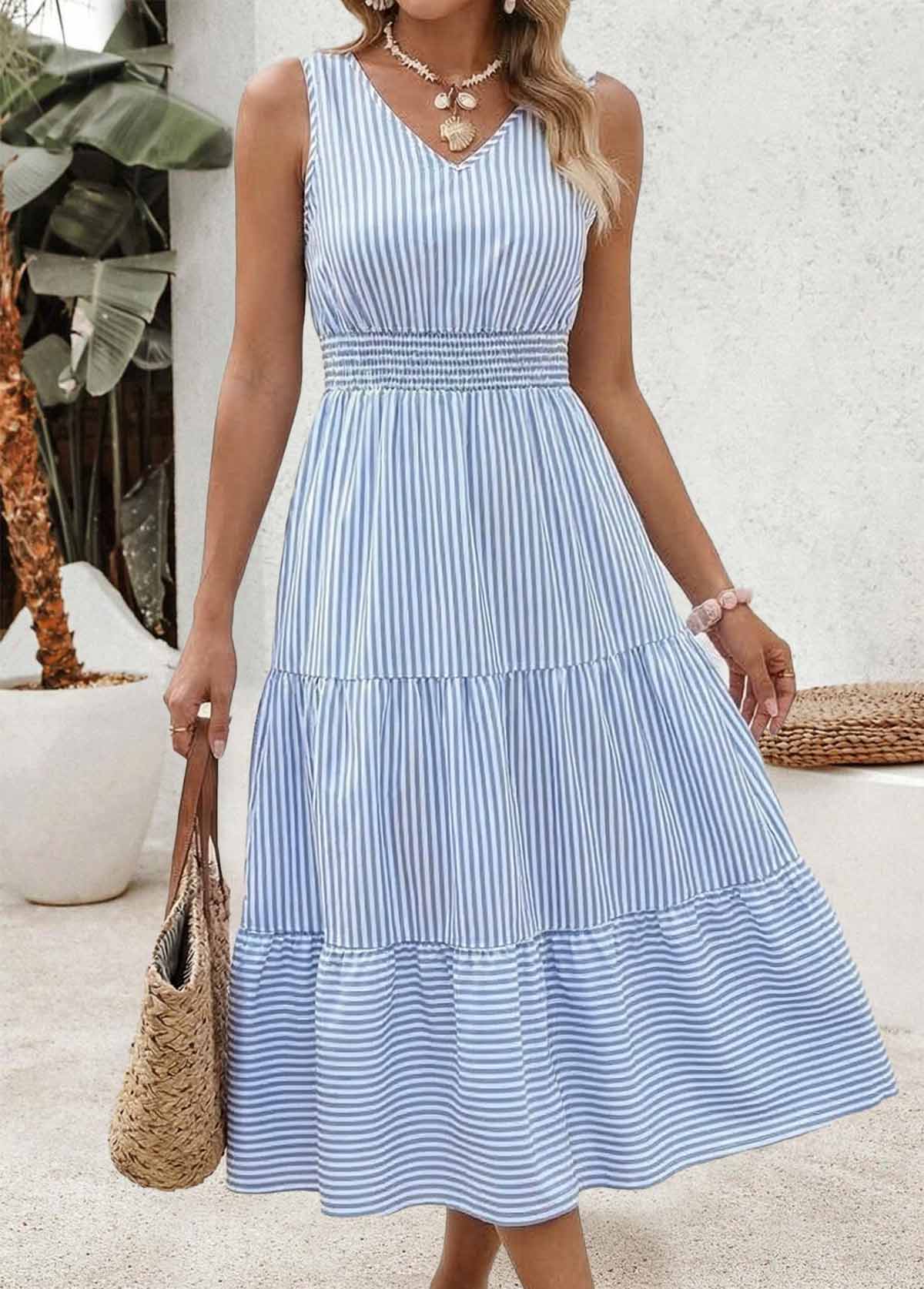 Light Blue Striped Smocked Sleeveless V Neck Dress | picture 