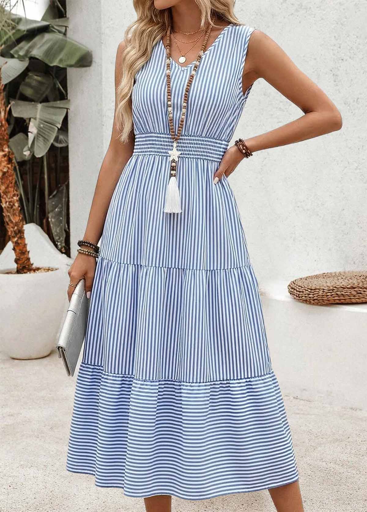 Light Blue Striped Smocked Sleeveless V Neck Dress | picture 