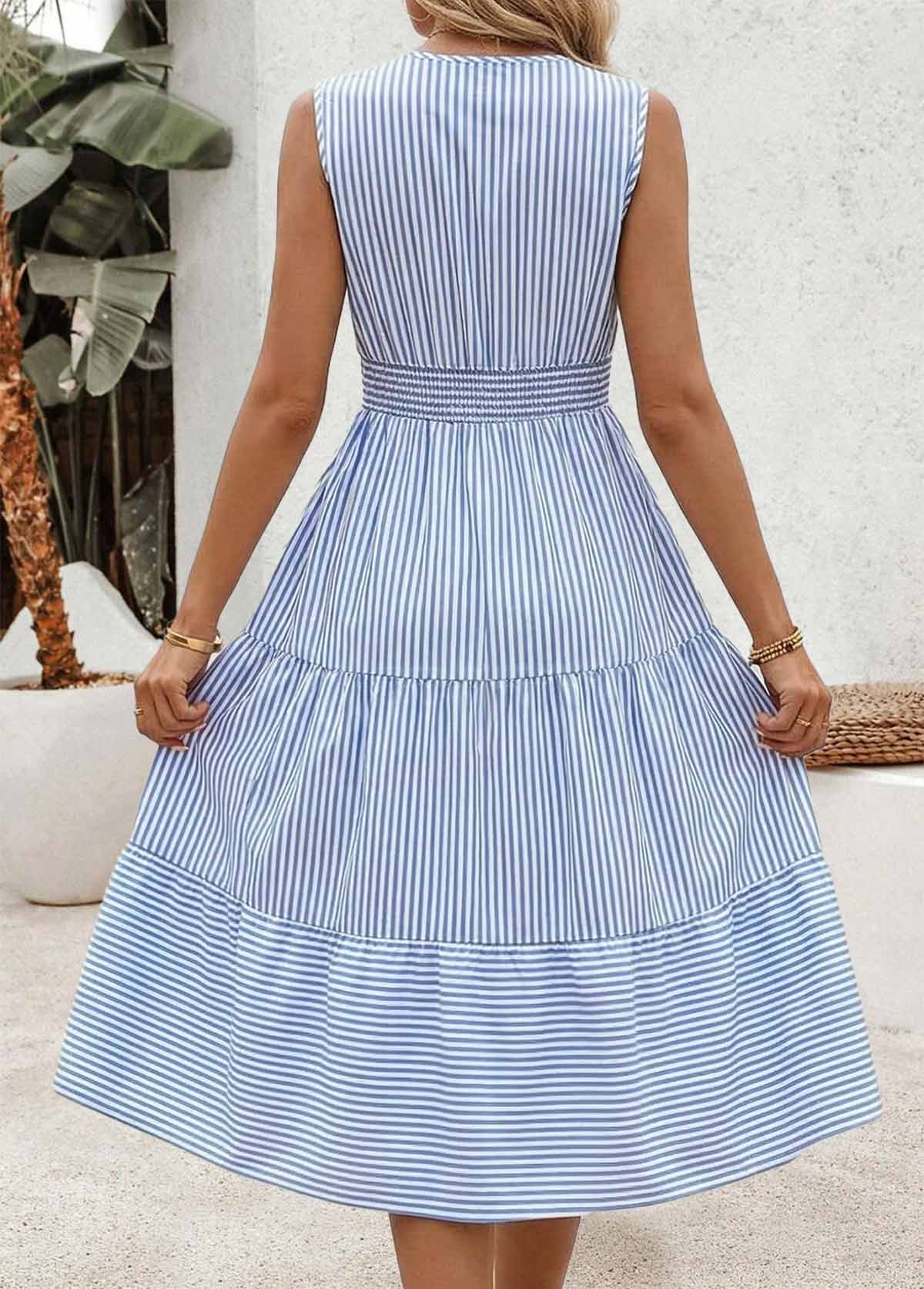 Light Blue Striped Smocked Sleeveless V Neck Dress | picture 
