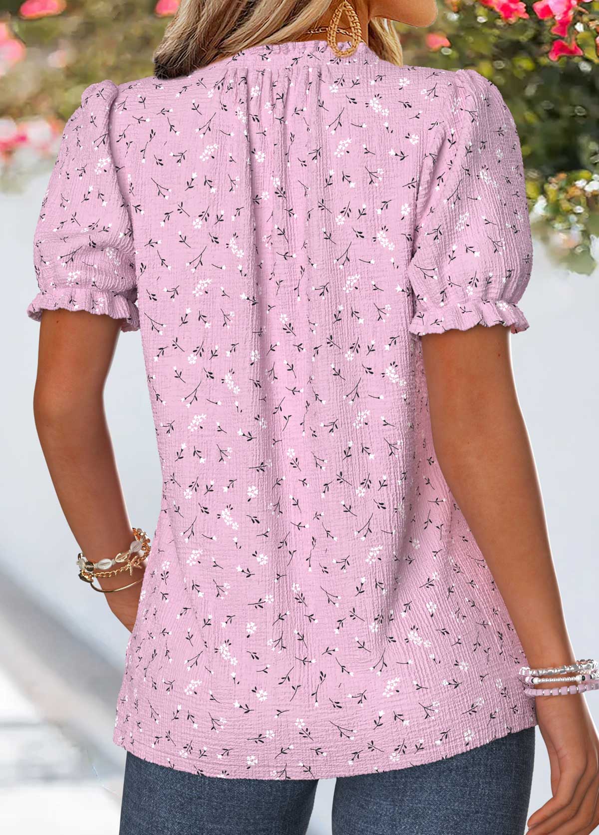 Dusty Purple Floral Print Frill Short Sleeve T Shirt | picture 