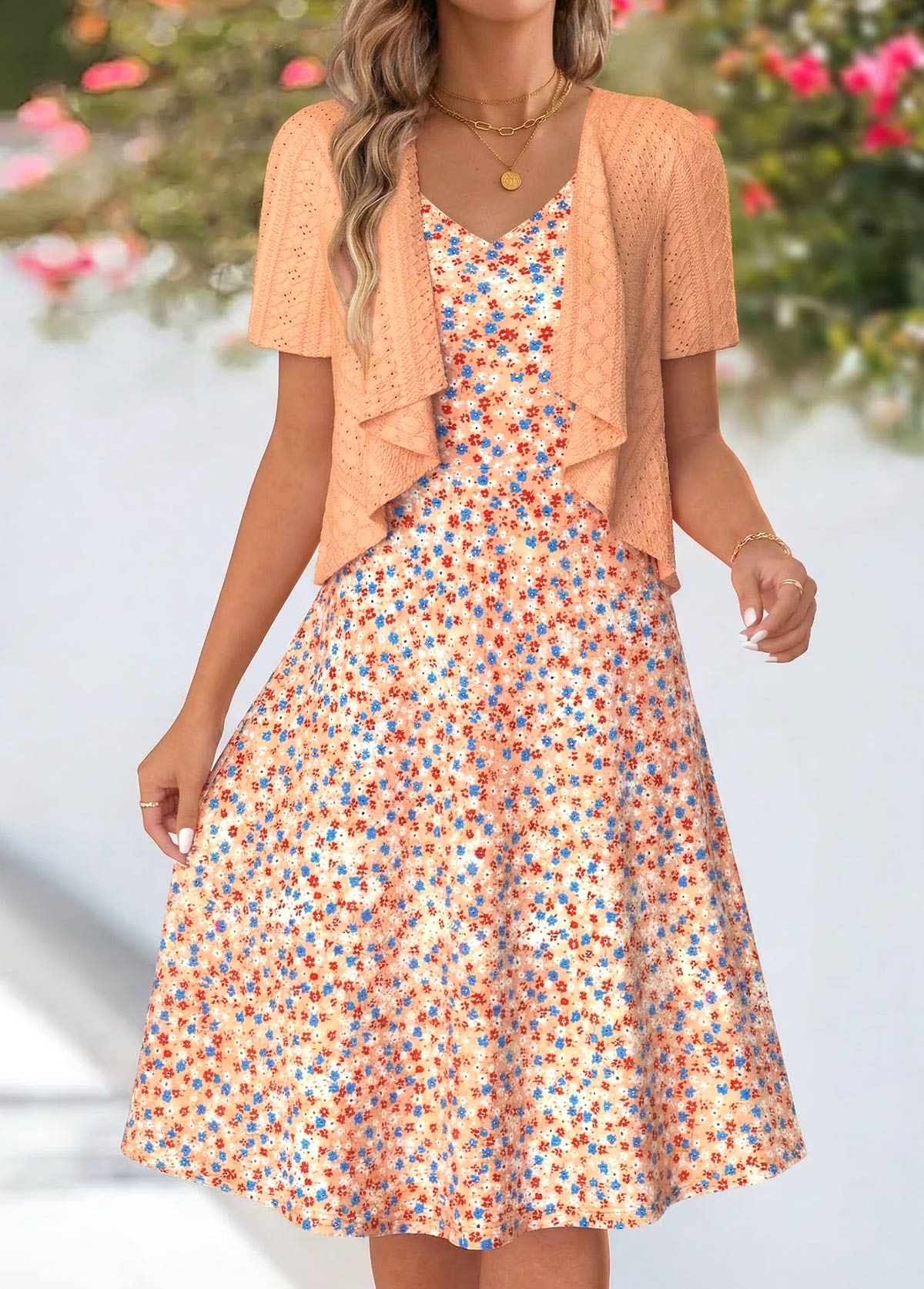 Orange Ditsy Floral Print Two-piece Dress and Cardigan | picture 