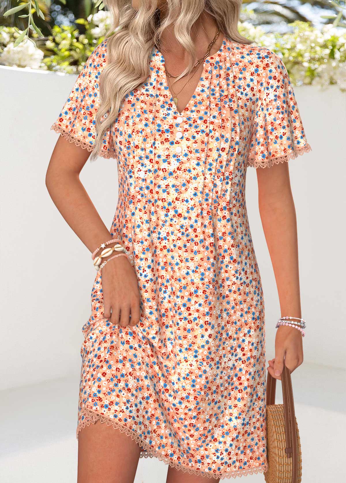 Orange Ditsy Floral Print Short Tuck Stitch Dress | picture 
